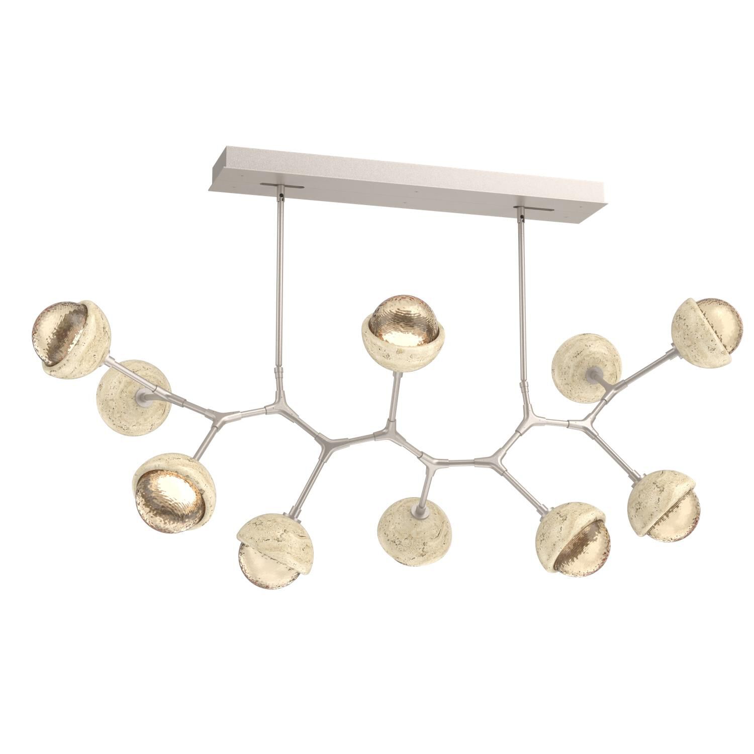 Shown in Beige Silver finish and Amber glass and Travertine Stone accent