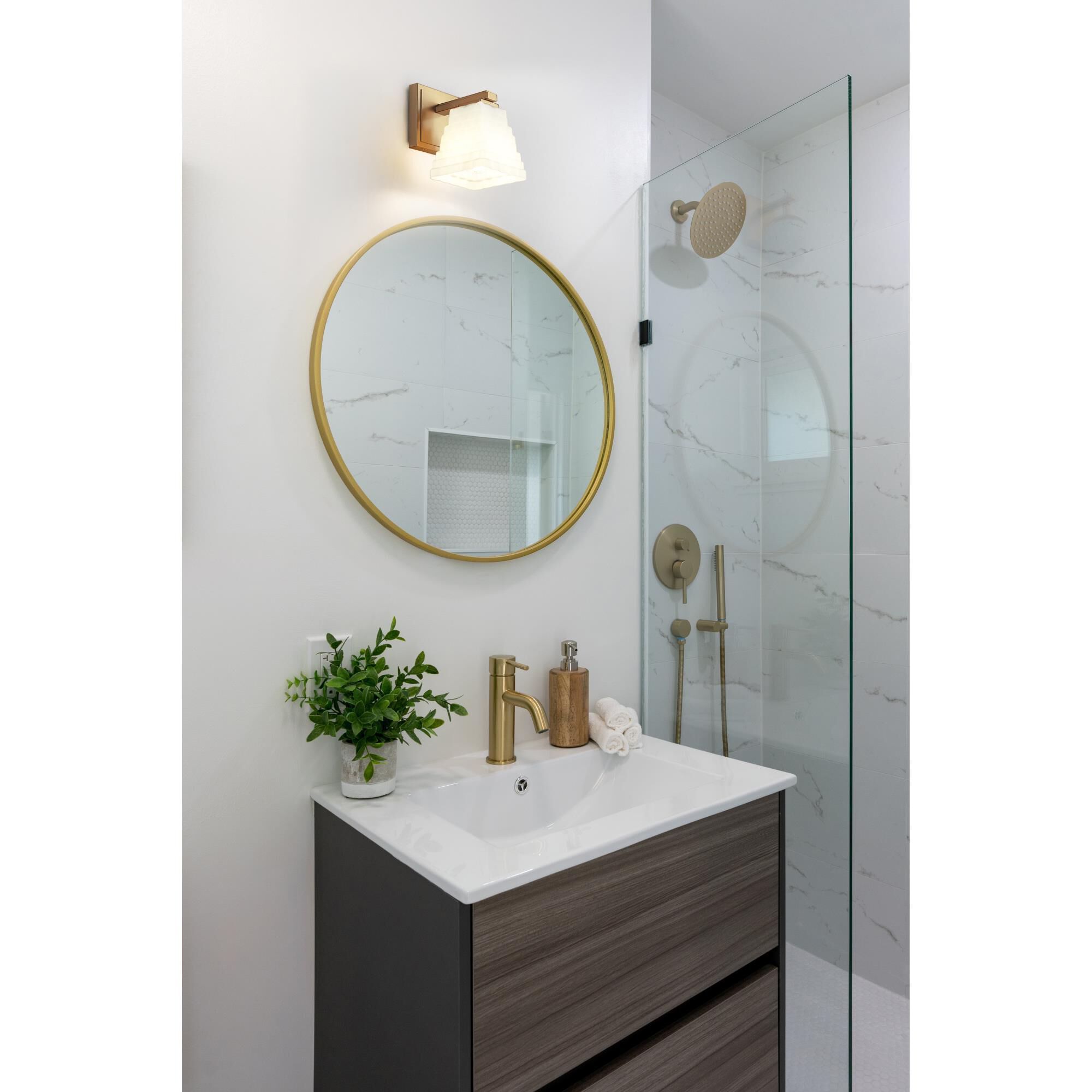 Shown in Modern Gold finish and Matte Opal glass and Matte Opal shade