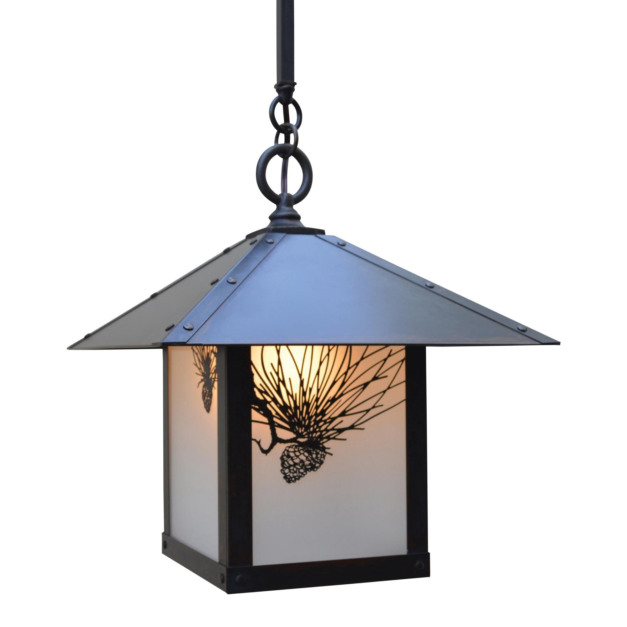Shown in Bronze finish and Frosted glass and Pine Needle accent