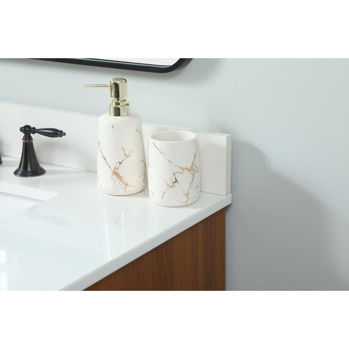 Shown in Teak finish and With Backsplash accent