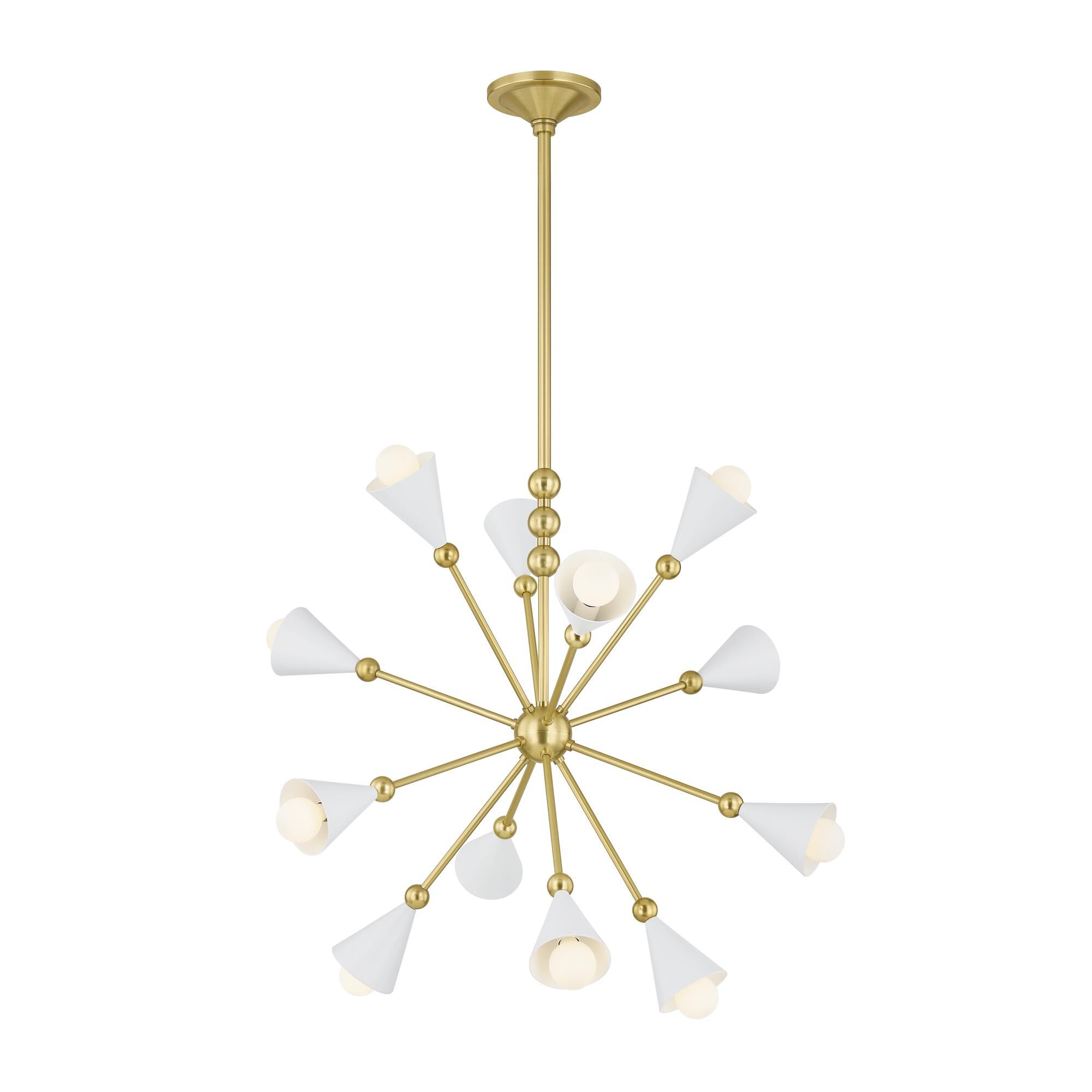 Shown in Aged Brass and Soft White finish and White Steel shade