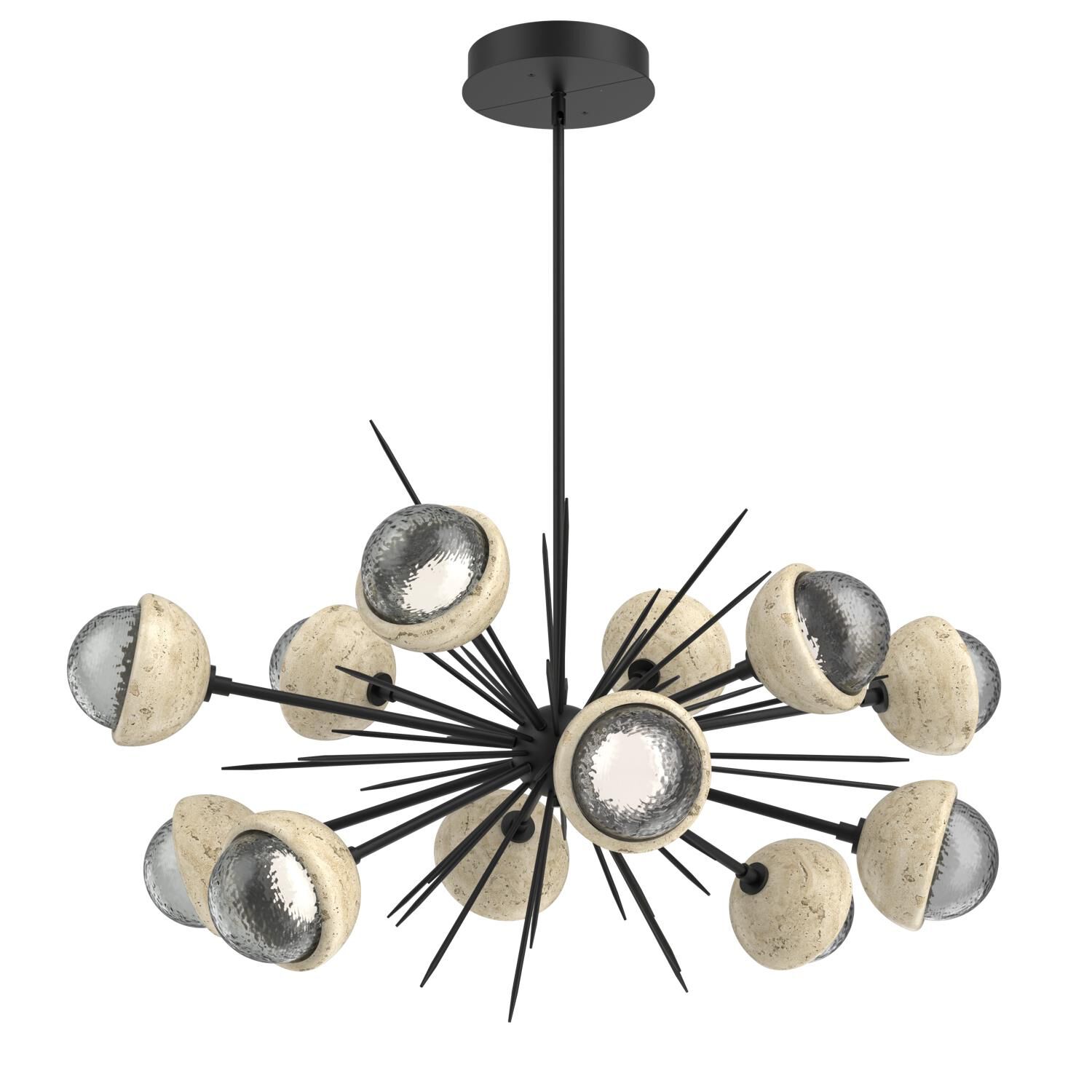 Shown in Matte Black finish and Smoke glass and Travertine Stone accent
