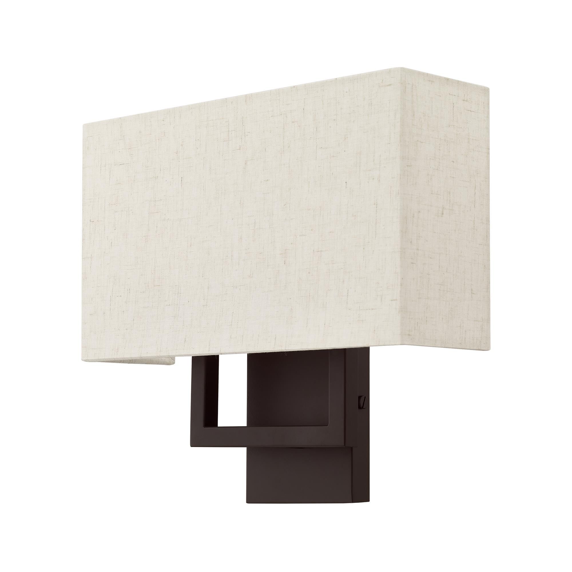 Shown in Bronze finish and Hand Crafted Oatmeal Color Fabric Outside & White Fabric Inside Hardback shade