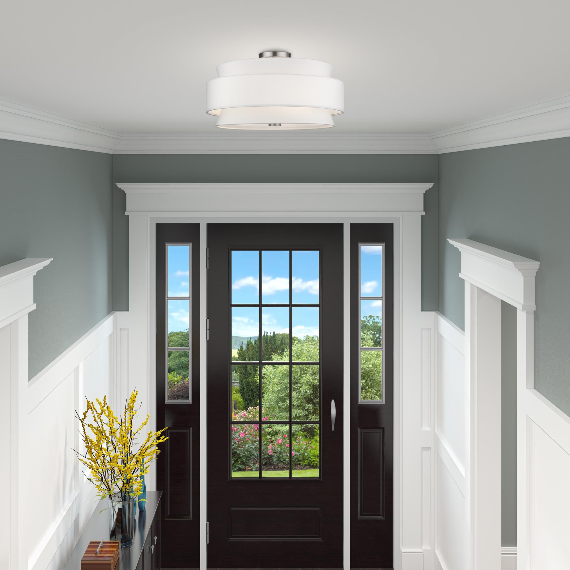 Shown in Brushed Nickel finish and Hand Crafted Off-White Fabric Hardbacks with White Fabric Inside shade