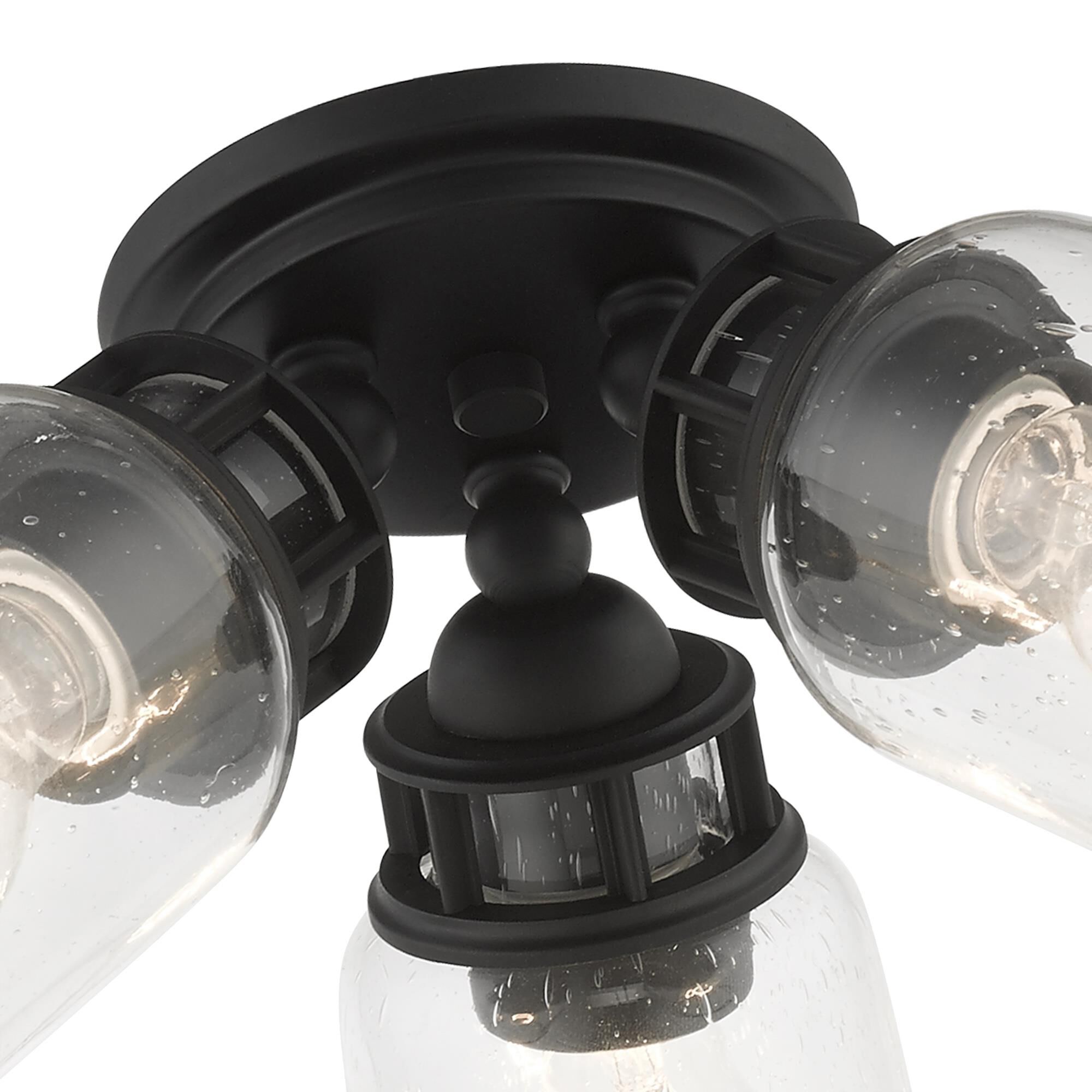 Shown in Black finish and Hand Blown Clear Seeded glass