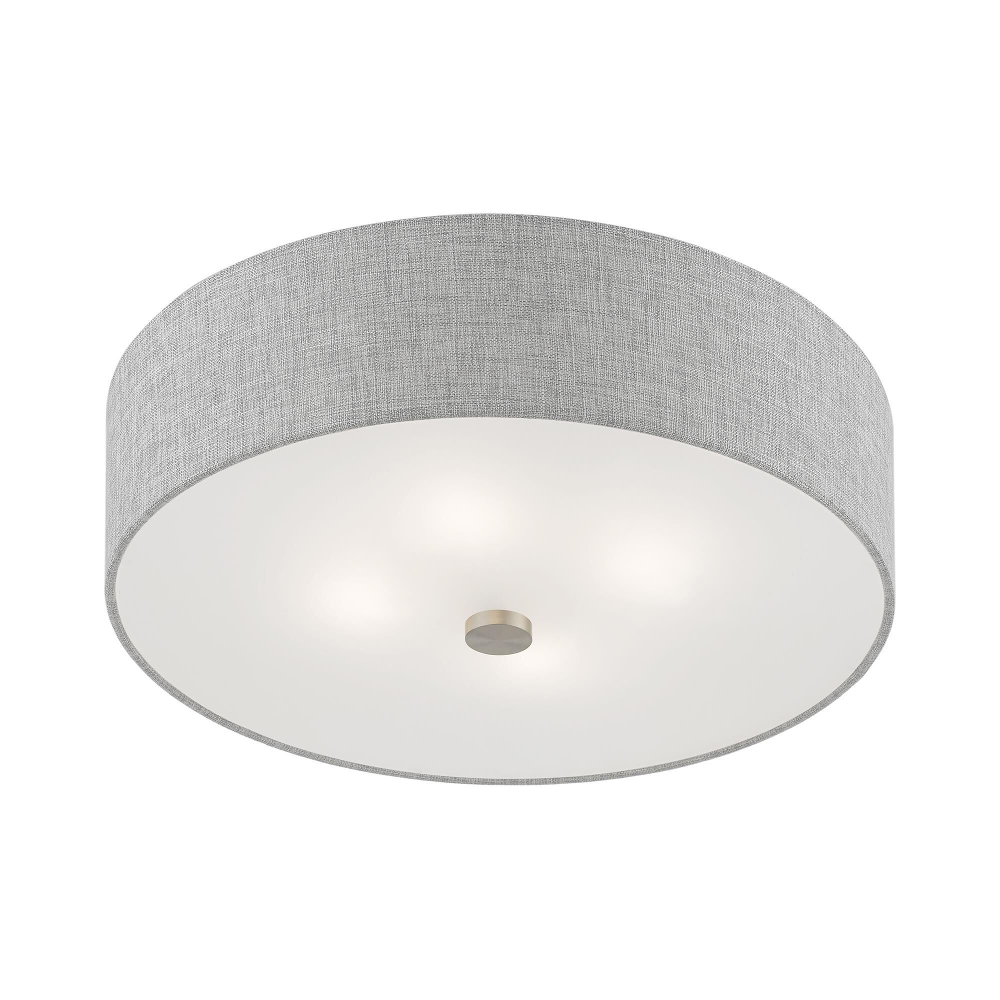 Shown in Brushed Nickel with Shiny White Accents finish and Hand Crafted Urban Gray Hardback Fabric With White Inside shade