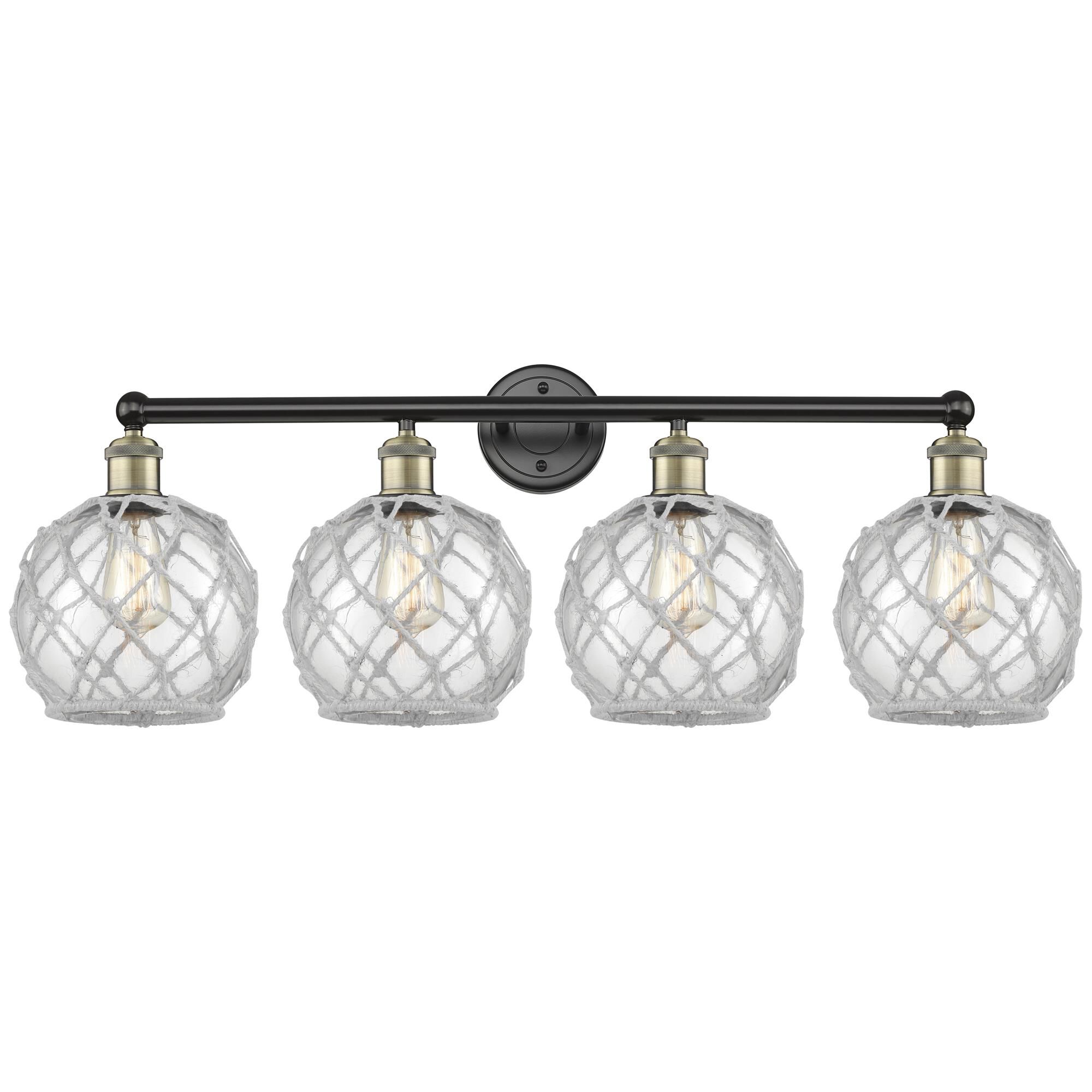 Shown in Black Antique Brass finish and Clear with White Rope glass