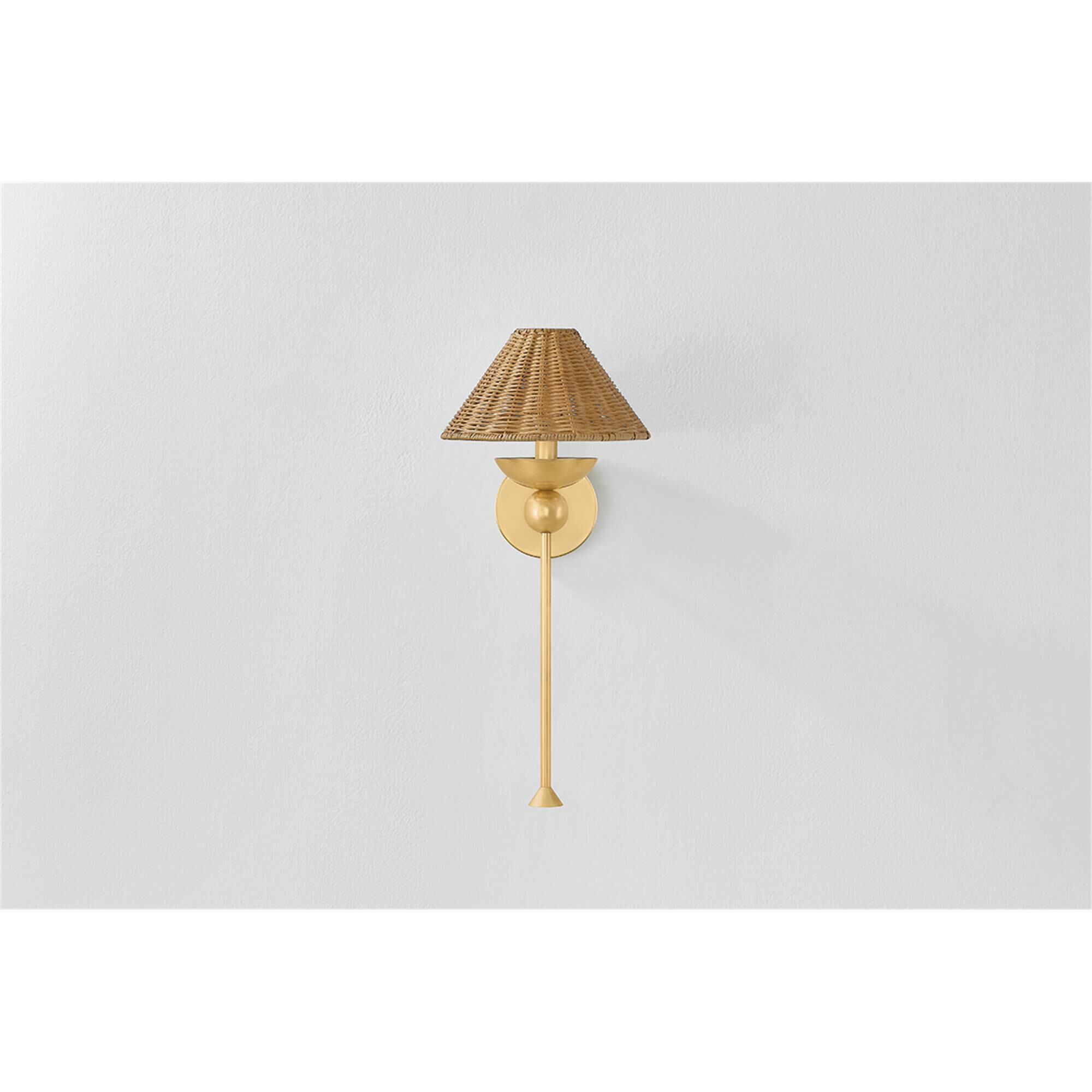 Shown in Aged Brass finish and Vintage Natural Wicker shade