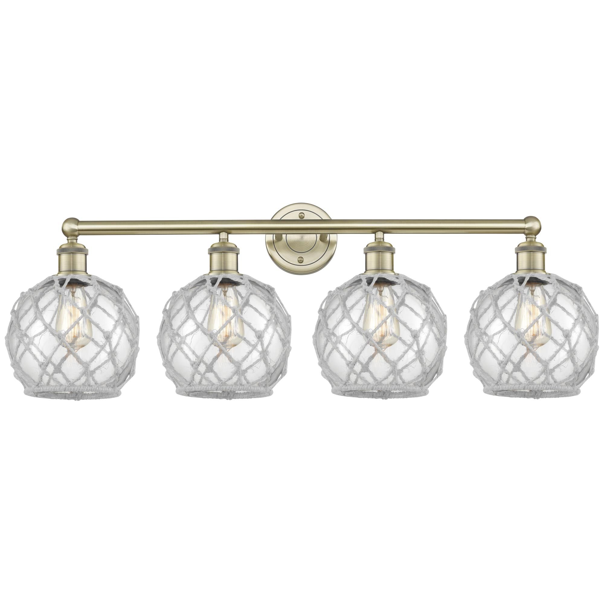 Shown in Antique Brass finish and Clear with White Rope glass