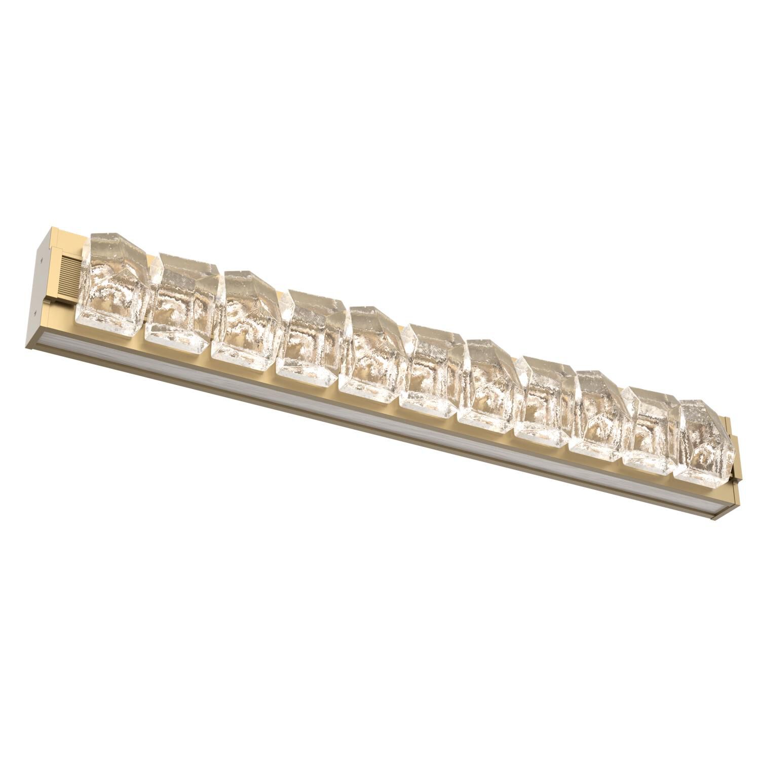 Shown in Gilded Brass finish and Clear Stone glass and Light Oak accent