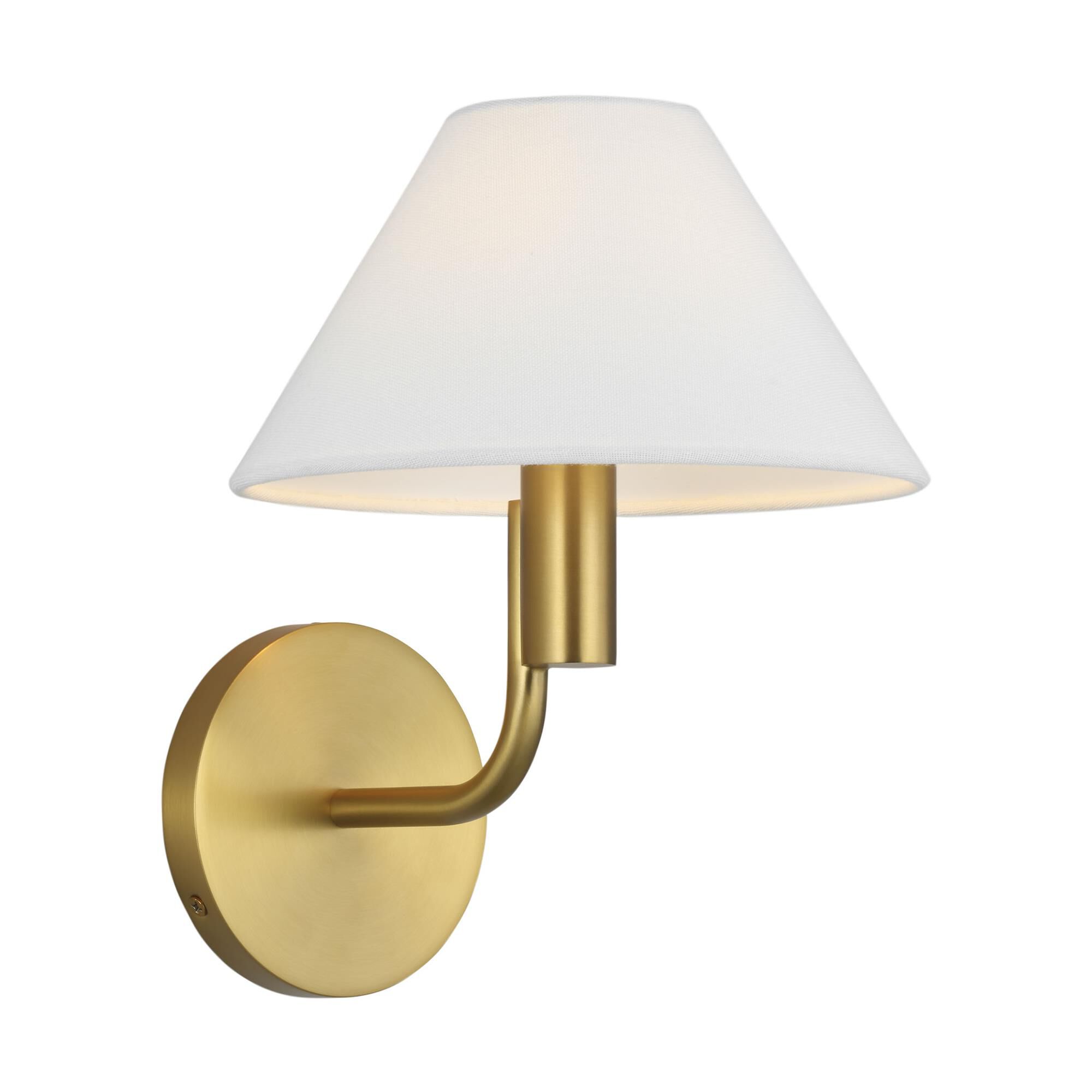Shown in Burnished Brass finish and White Linen shade