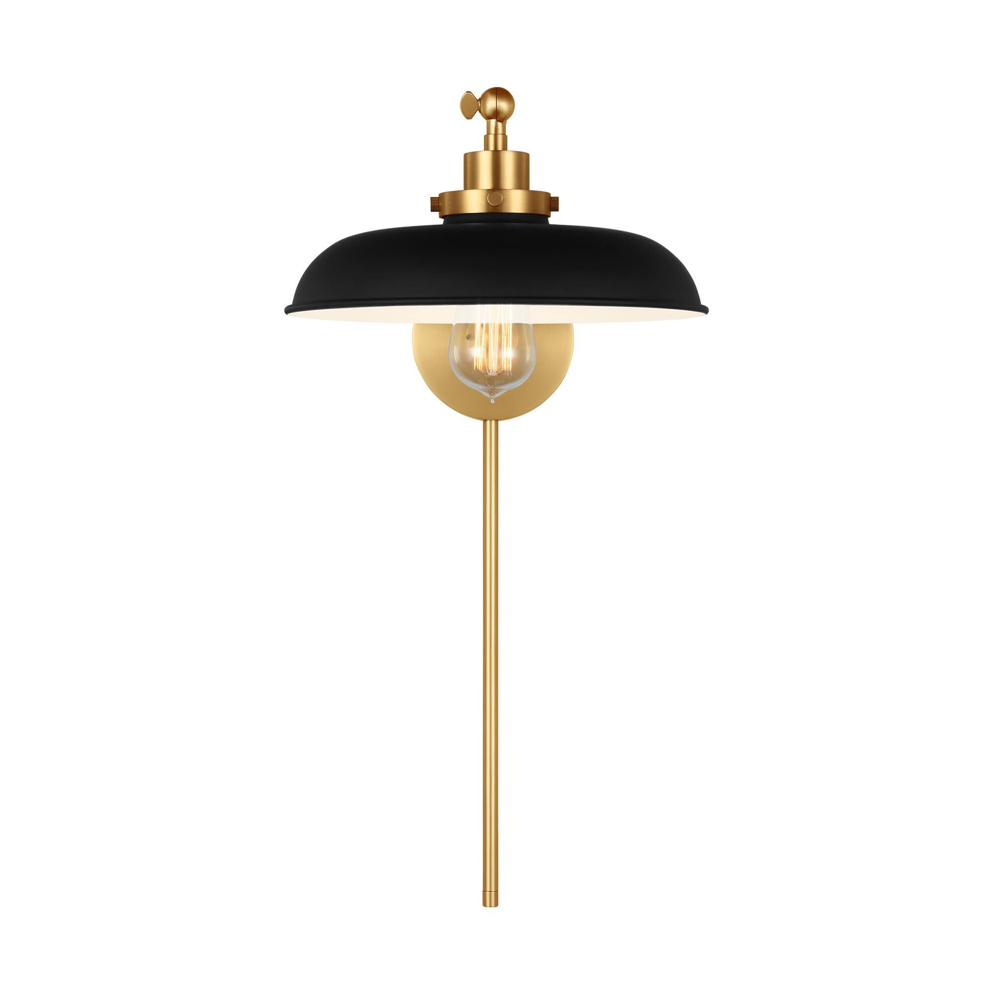 Shown in Midnight Black And Burnished Brass finish and Midnight Black Steel shade