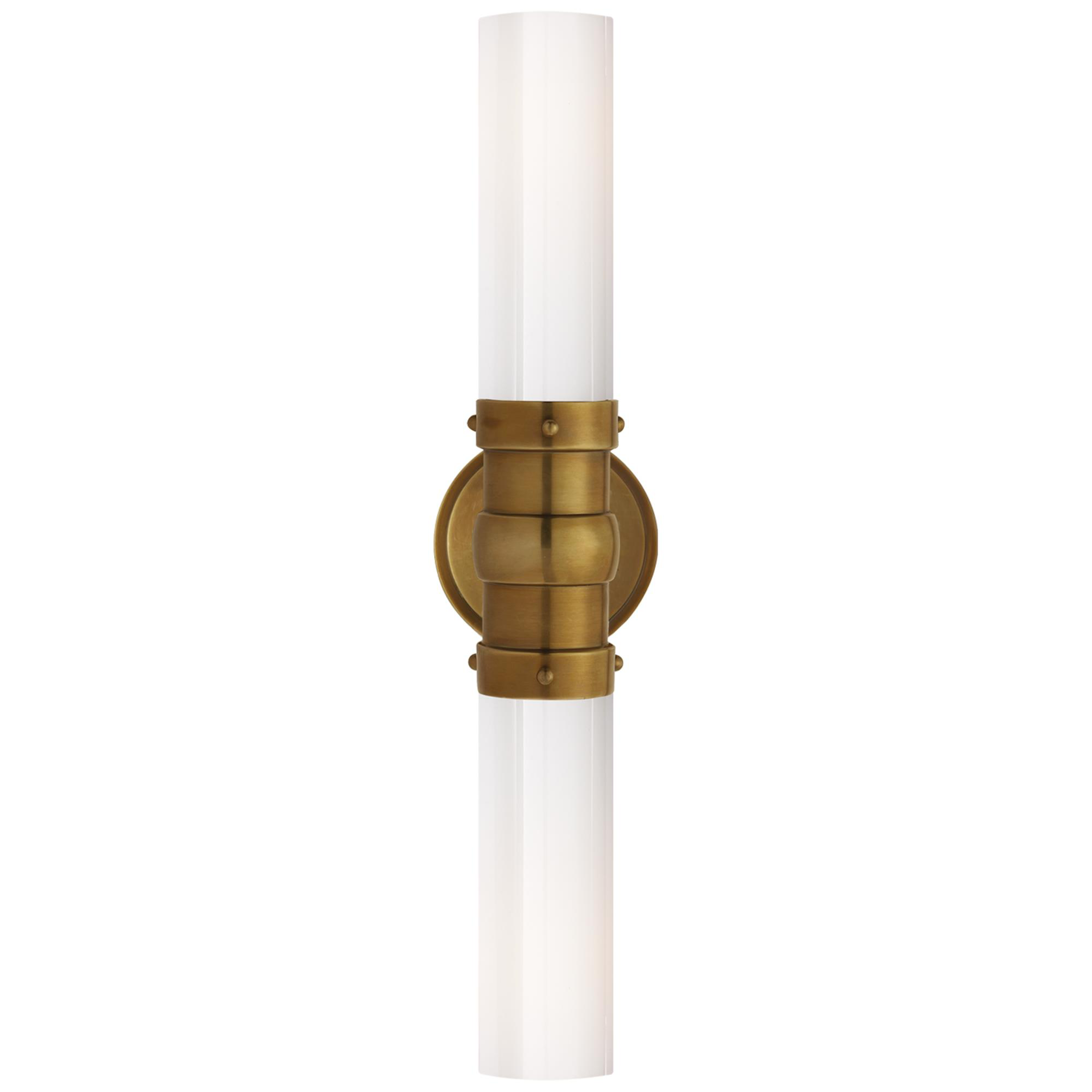Shown in Hand-Rubbed Antique Brass finish and White glass