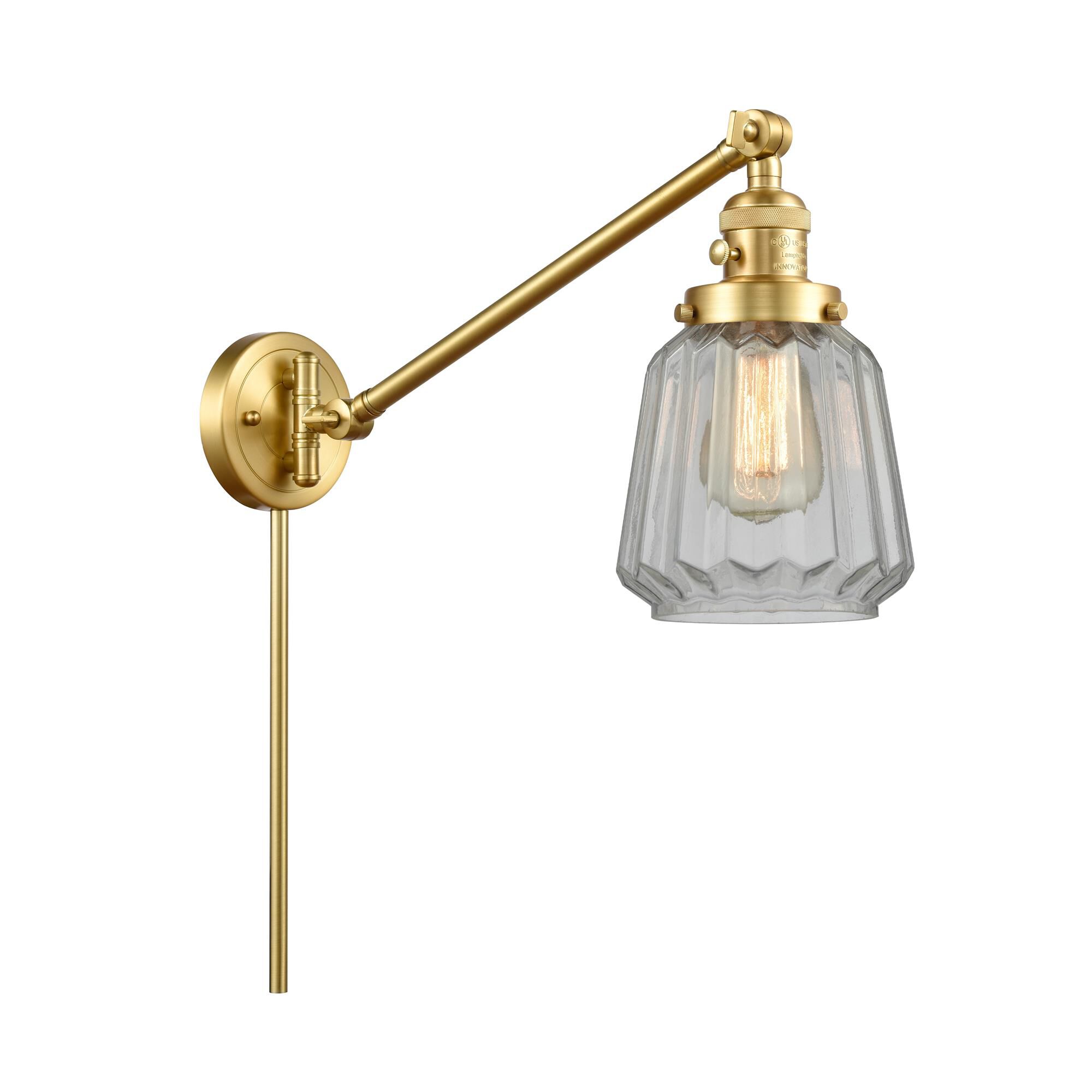 Shown in Satin Gold finish and Clear Chatham glass
