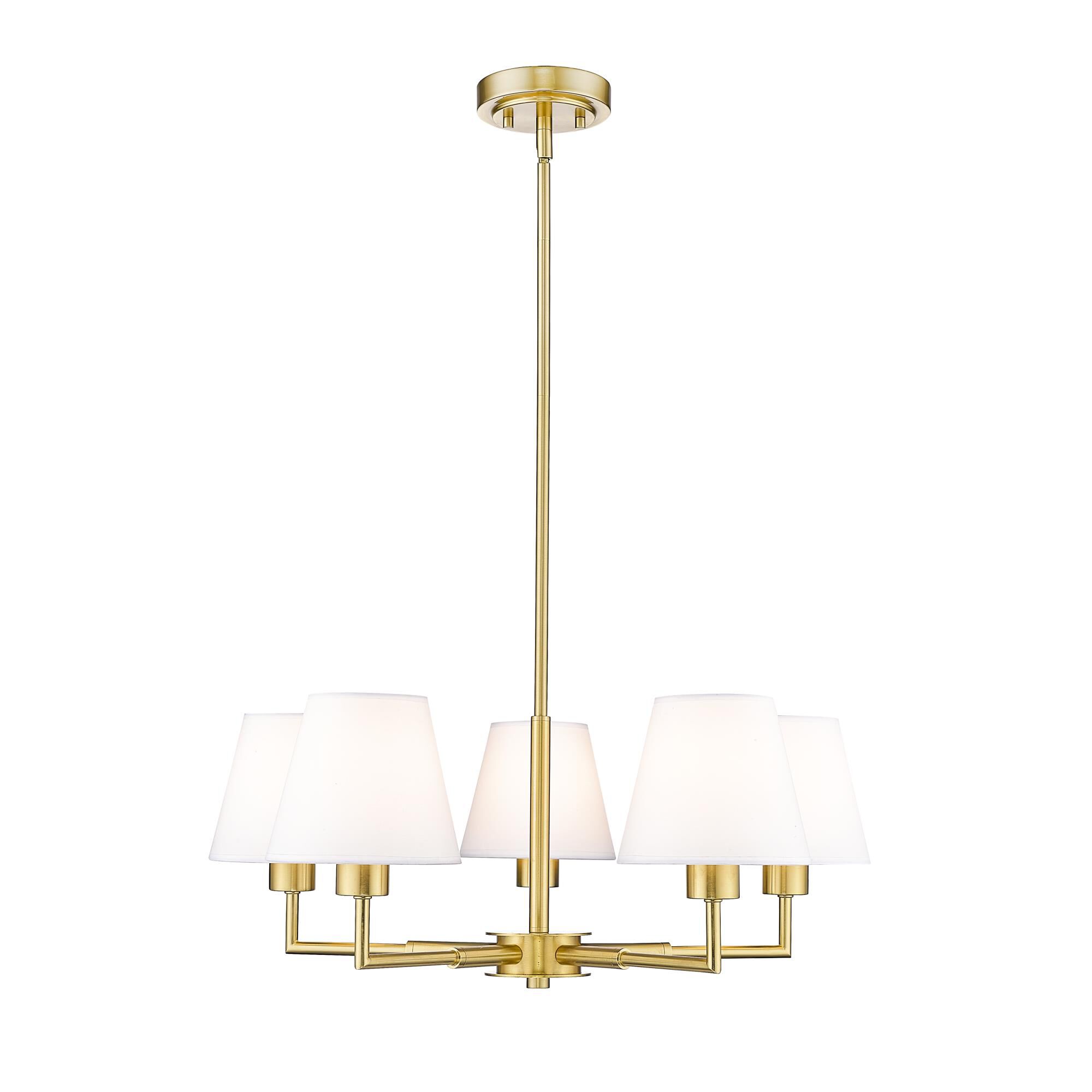 Shown in Luxe Gold finish and White Linen glass and White Linen shade