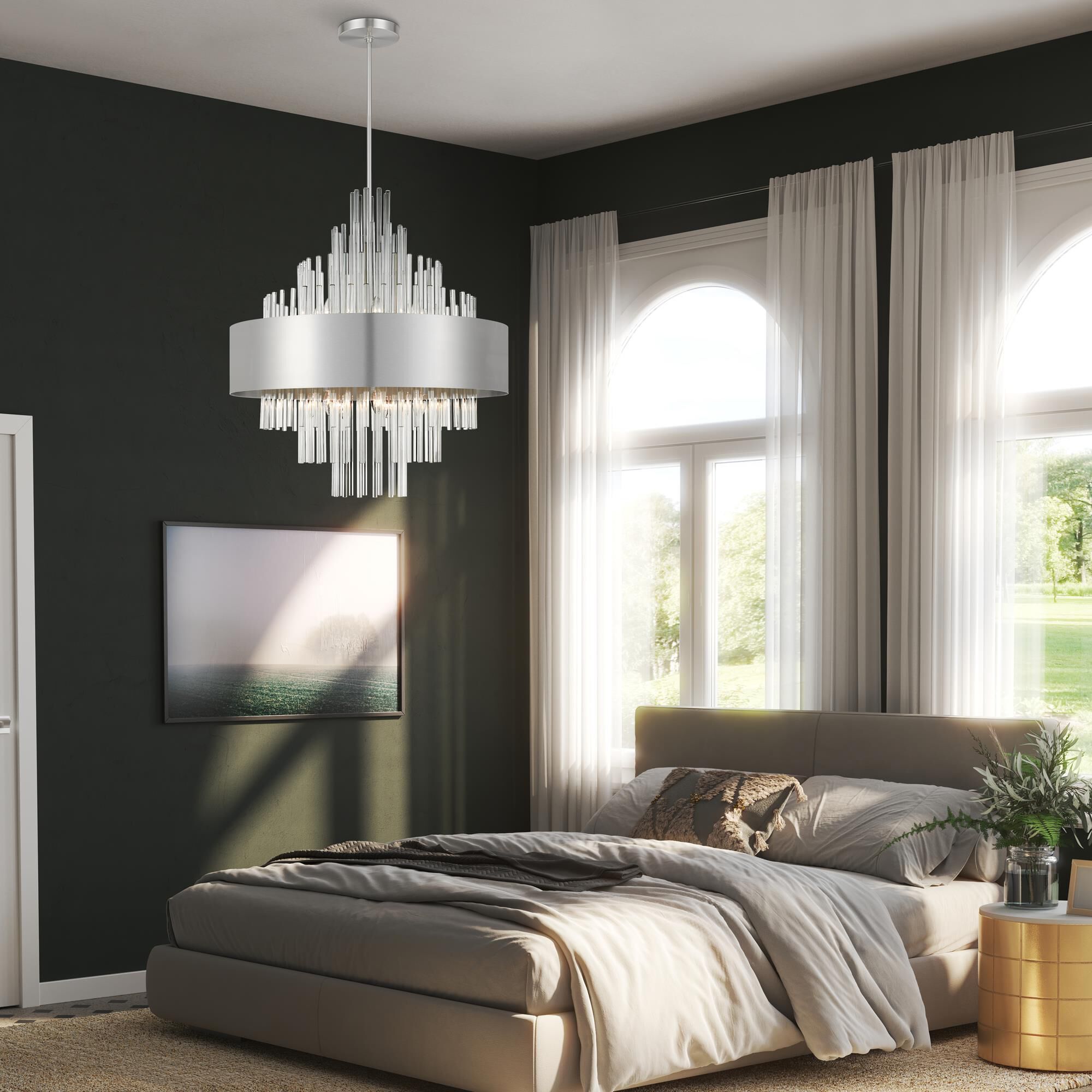 Shown in Brushed Nickel finish and Clear Crystal Rods glass