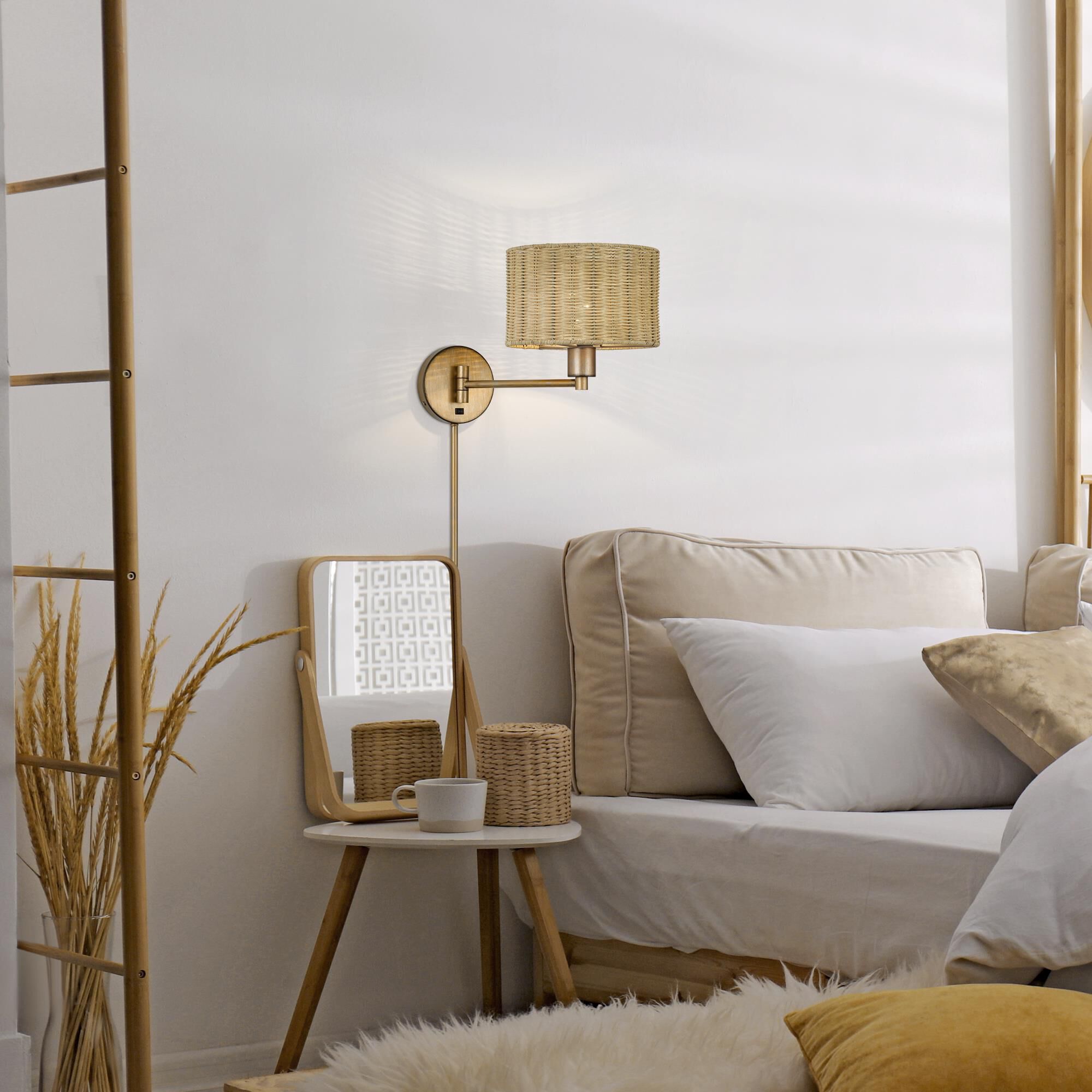 Shown in Antique Gold Leaf finish and Hand-Woven Rustic Walnut Color Rattan shade