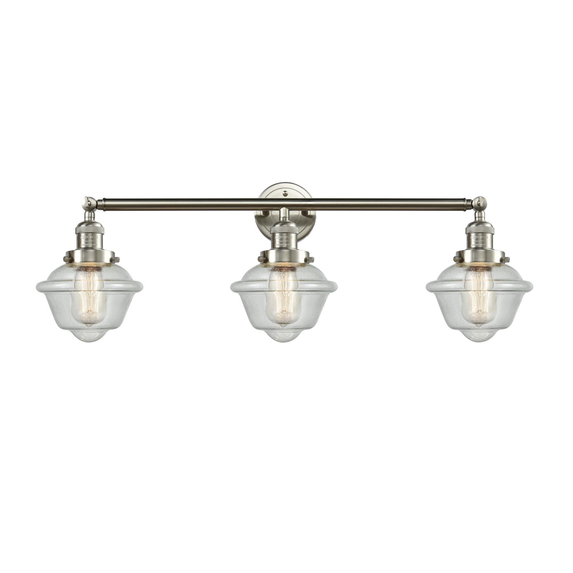 Shown in Brushed Satin Nickel finish and Seedy Small Oxford glass