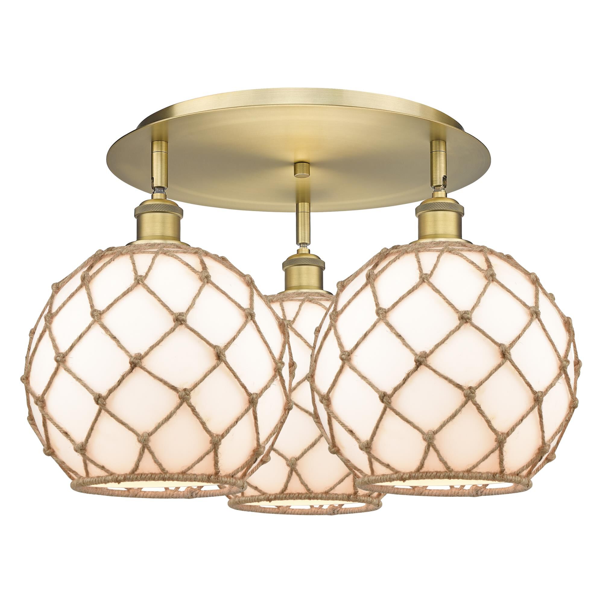 Shown in Brushed Brass finish and White with Brown Rope glass