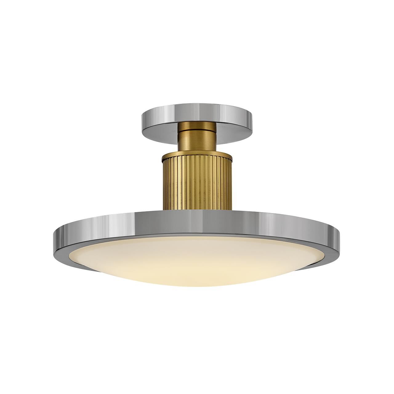 Shown in Polished Nickel finish and Etched White glass and Lacquered Brass accent