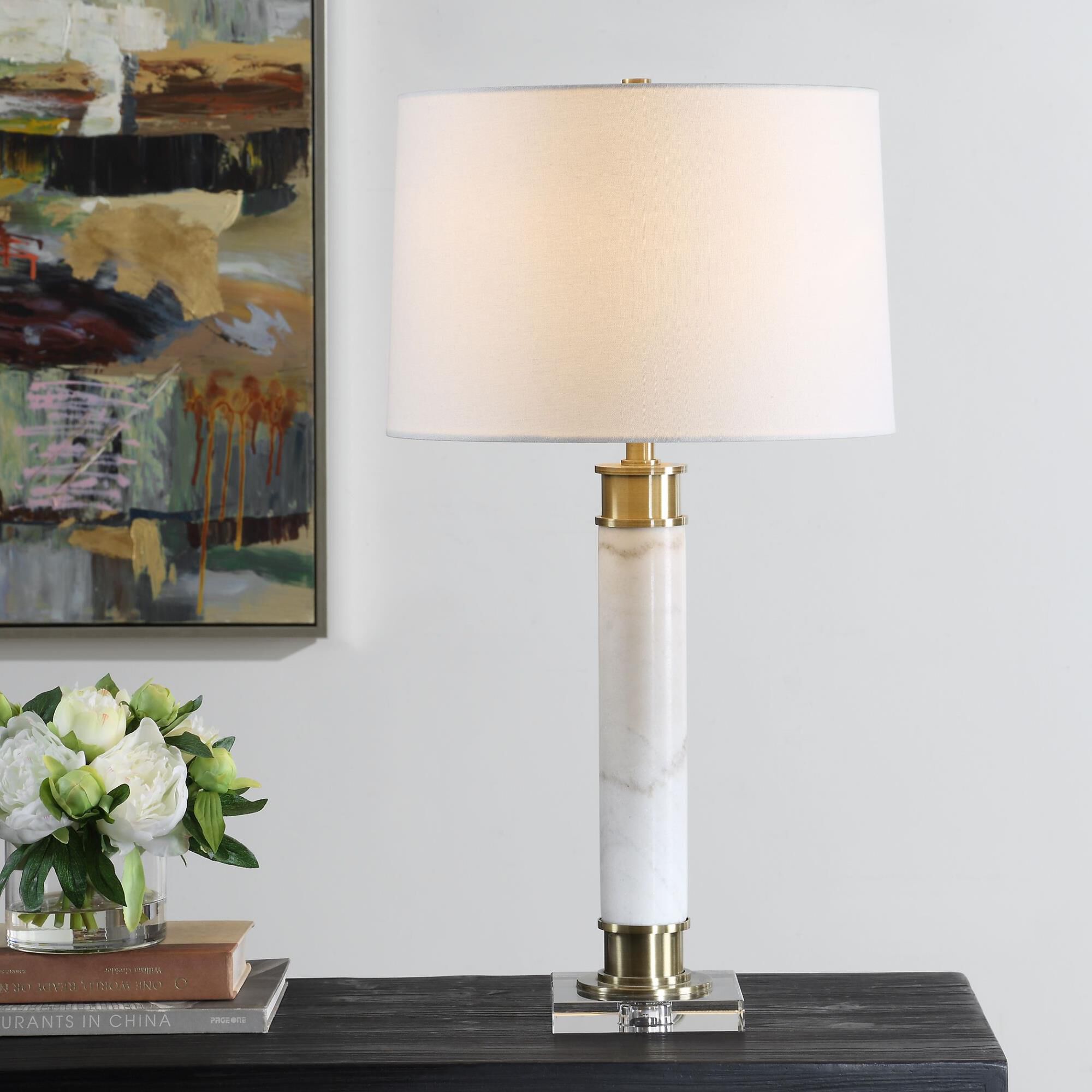 Shown in Crafted From White Marble With Subtle Veining, This Table Lamp Is Displayed On A Thick Crystal Foot, finish and Round Hardback shade