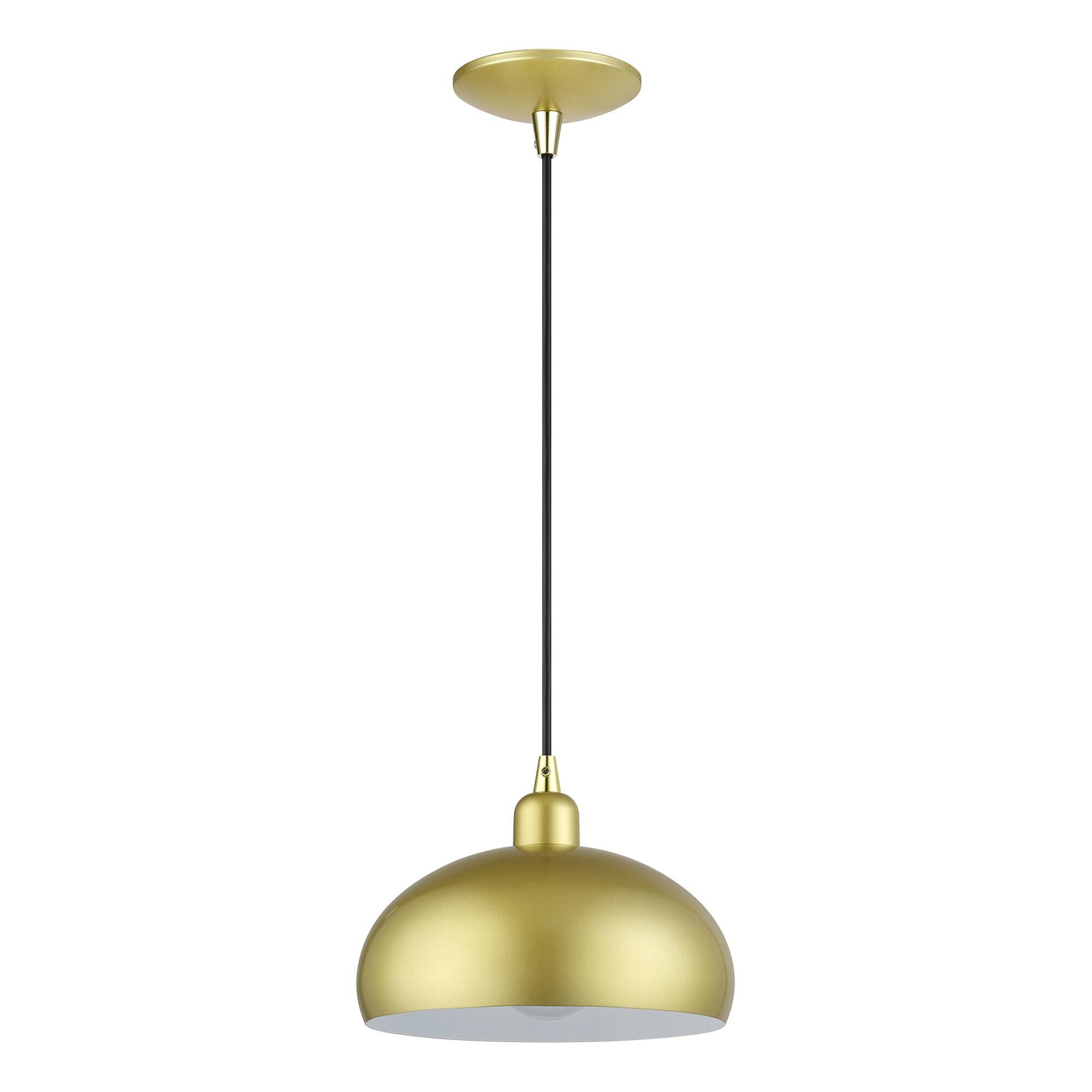 Shown in Soft Gold with Polished Brass Accents finish and Soft Gold Steel with Shiny White Inside shade