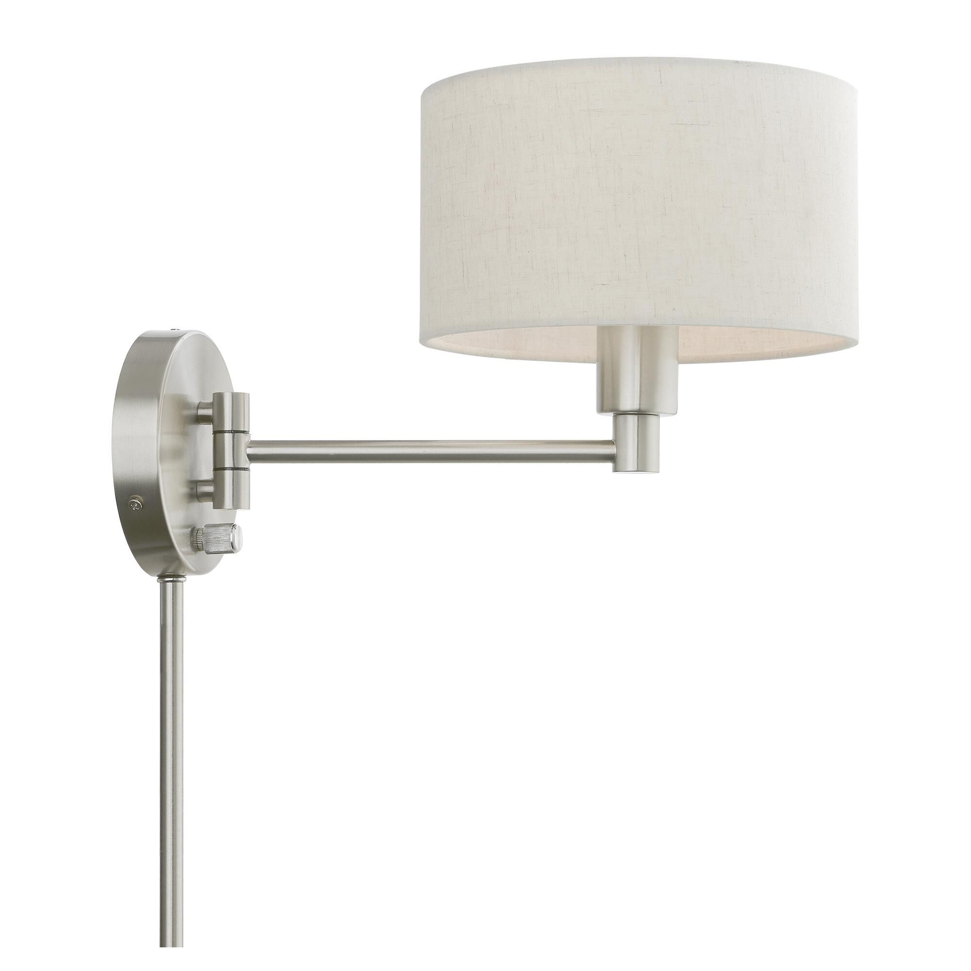 Shown in Brushed Nickel finish and Hand Crafted Oatmeal Color Hardback Fabric shade
