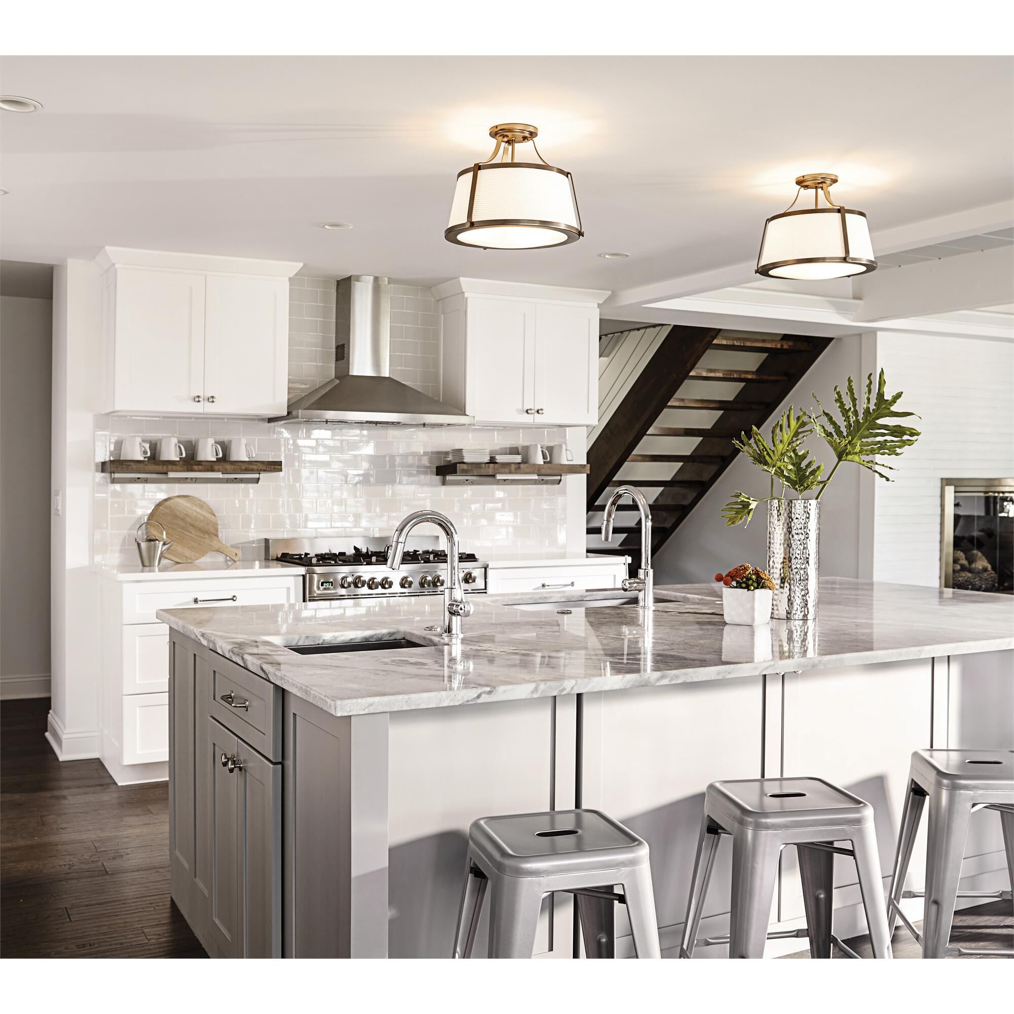 Shown in Brushed Caramel finish and Etched Opal glass and Woven Off-White Fabric shade