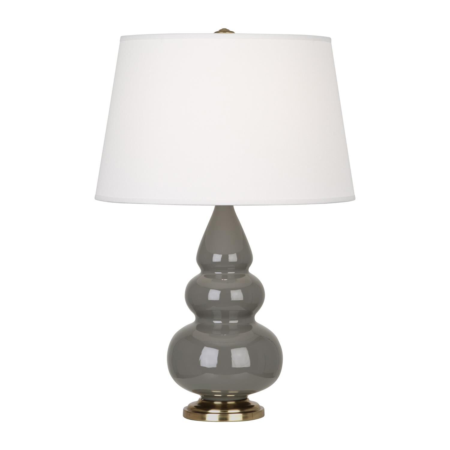 Shown in Ash Glazed Ceramic With Antique Brass ed Accents finish and Pearl Dupioni Fabric shade
