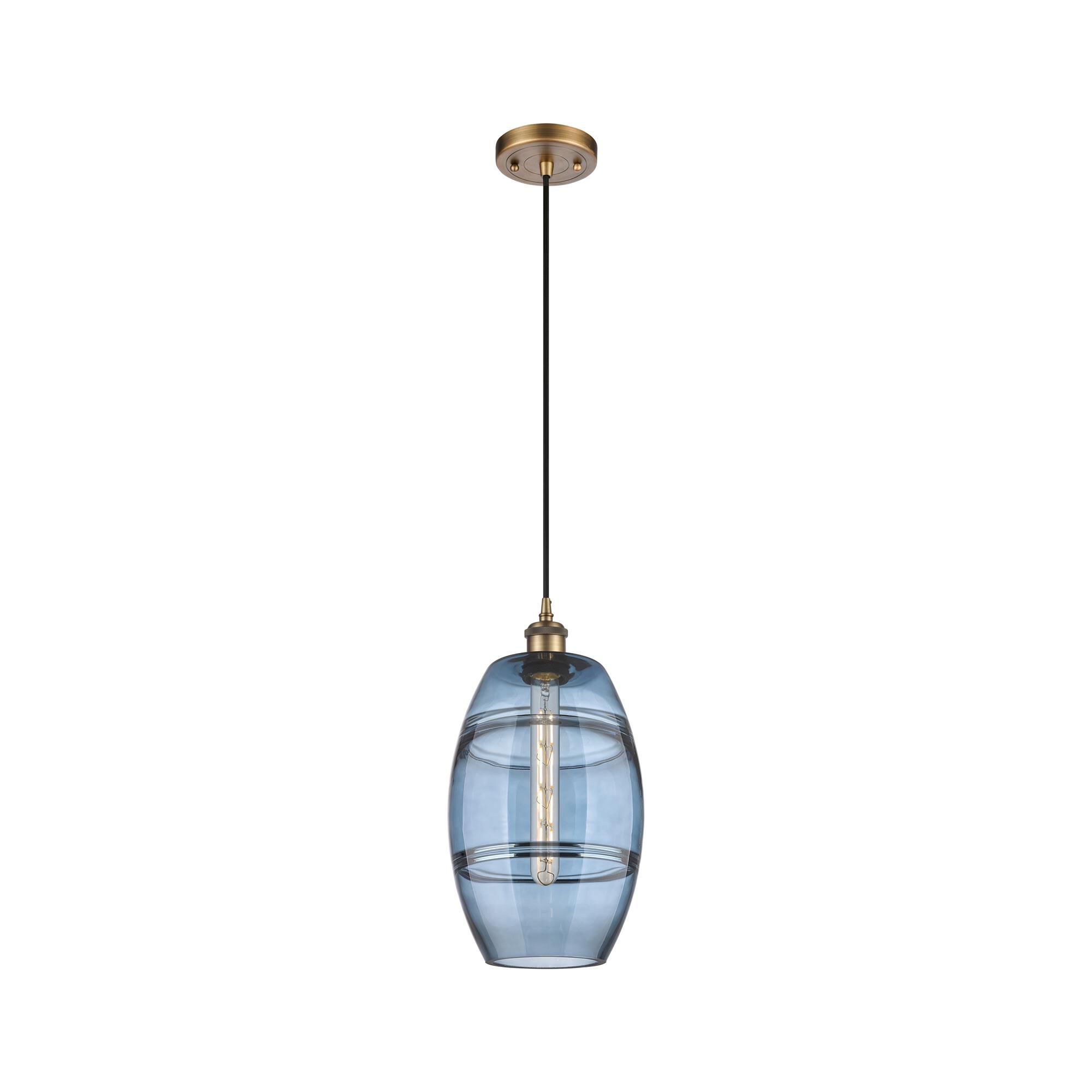 Shown in Brushed Brass finish and Princess Blue glass