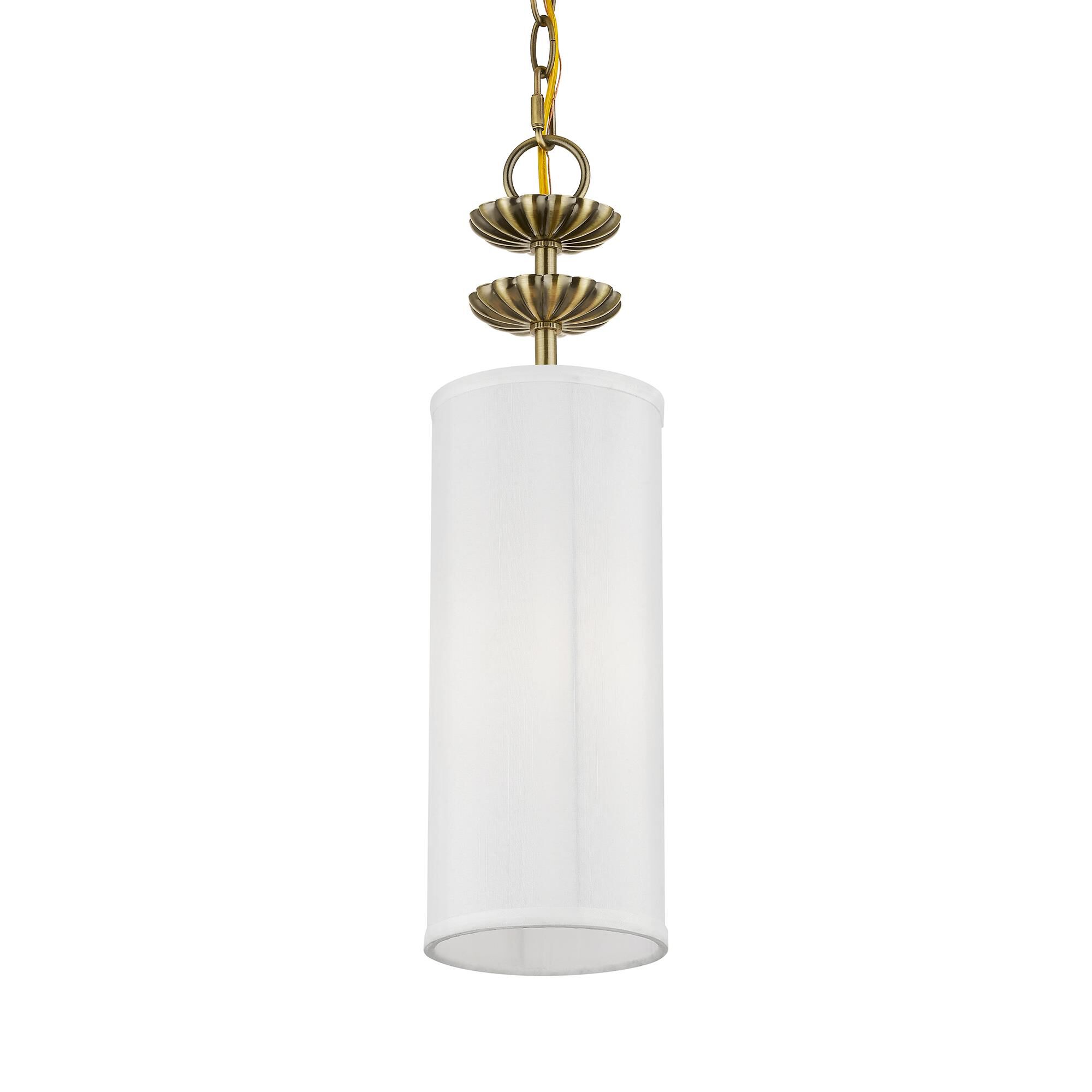 Shown in Antique Brass finish and Off-White Fabric Hardback with White Fabric Inside shade