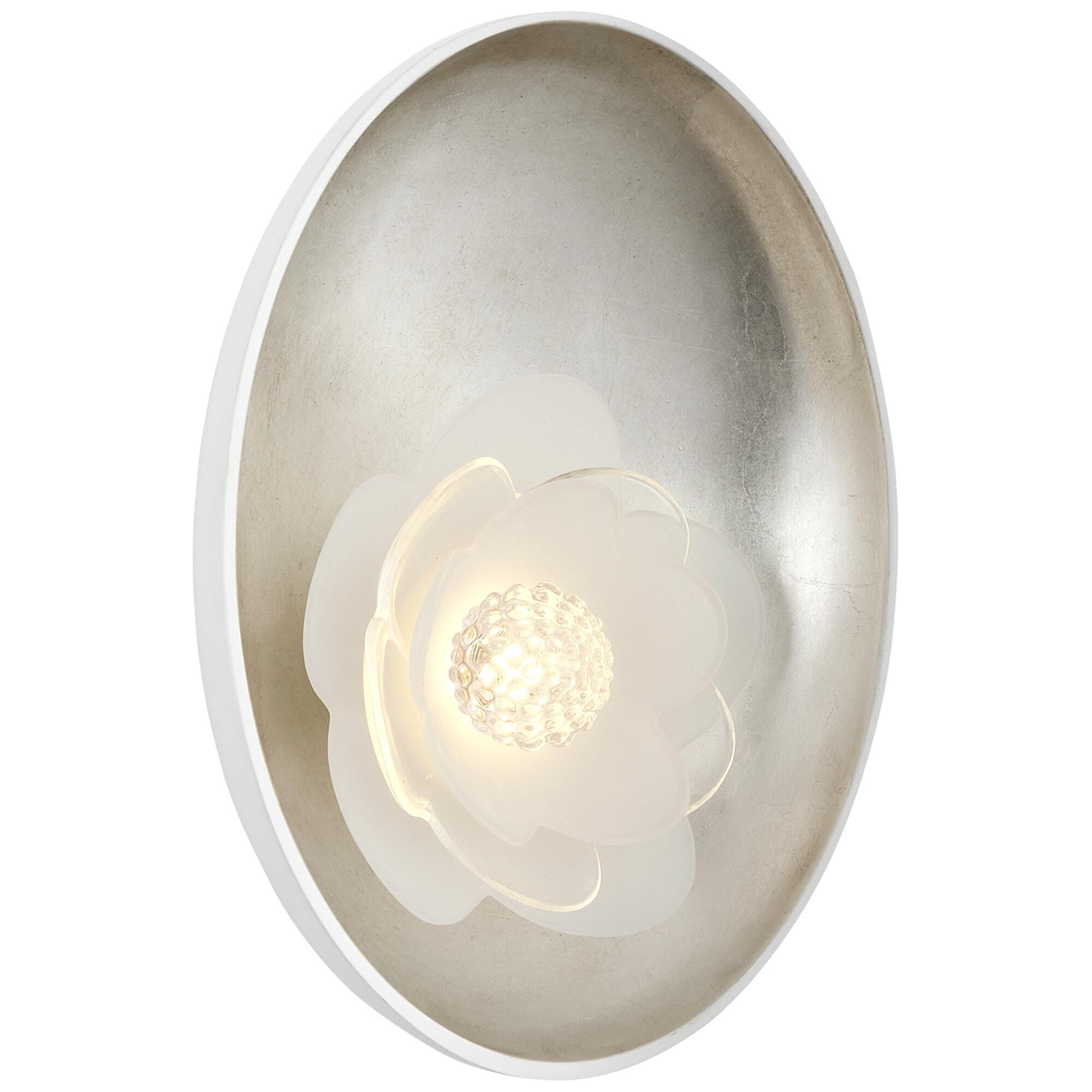 Shown in Matte White and Burnished Silver Leaf finish and Etched and Clear Flower glass