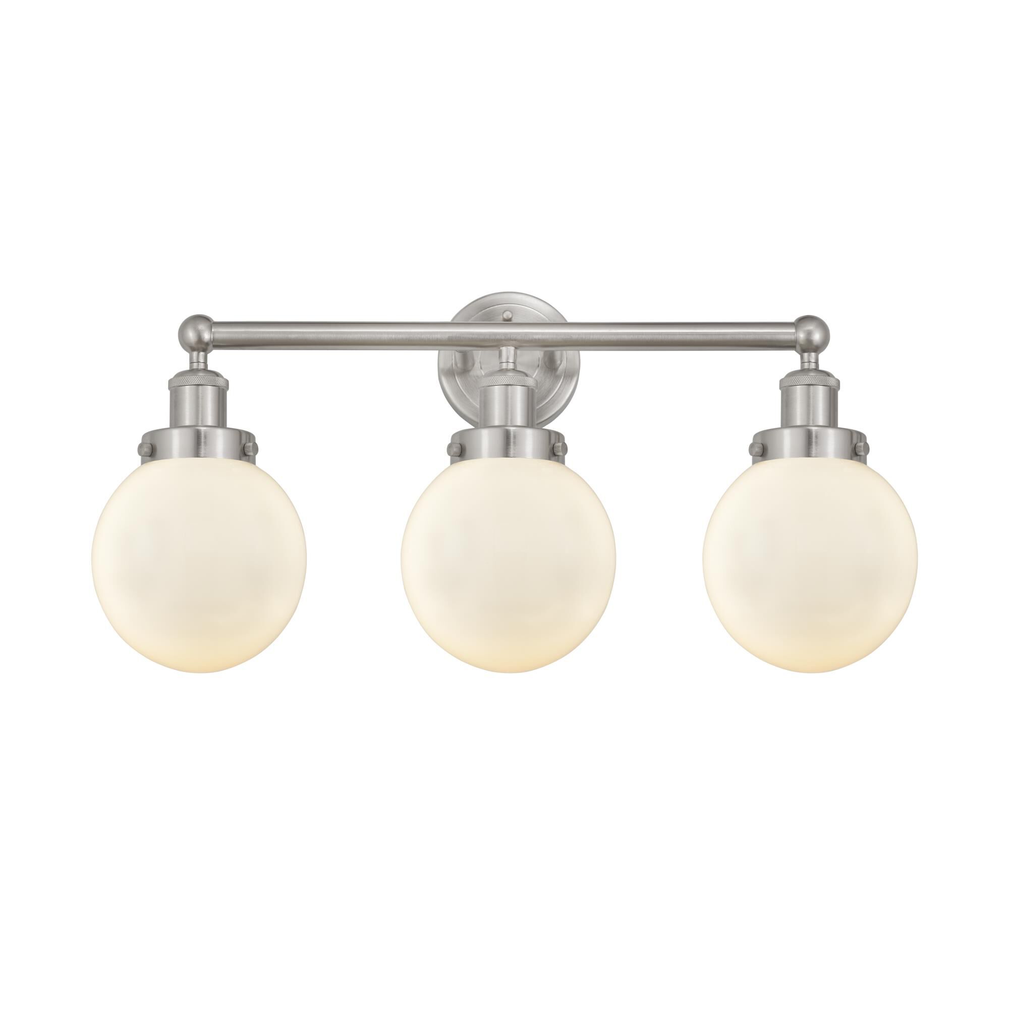Shown in Brushed Satin Nickel, Matte White finish and Matte White glass and Matte White Glass shade