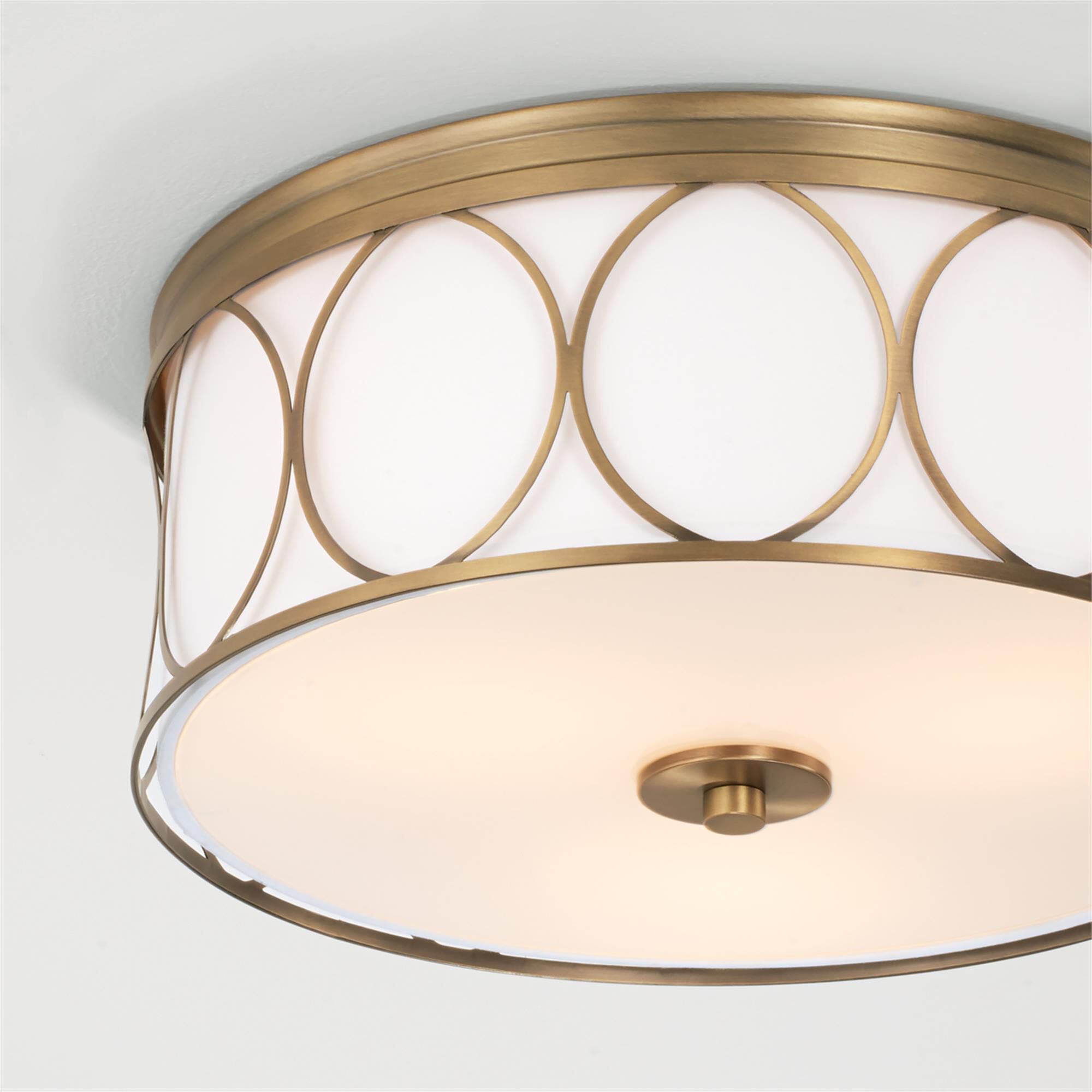 Shown in Aged Brass finish and White Fabric Bolt-On shade