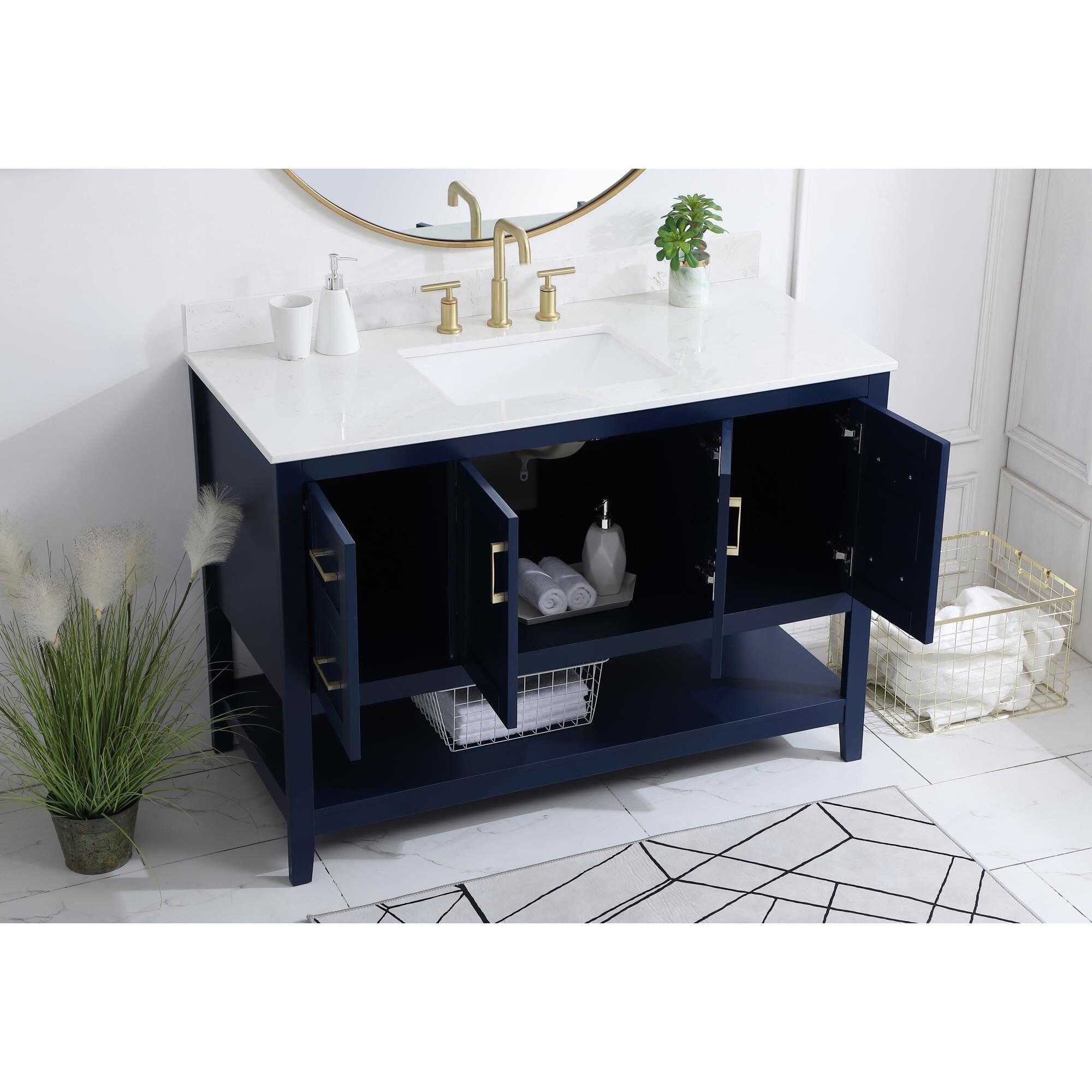 Shown in Blue And Gold With Calacatta Quartz finish