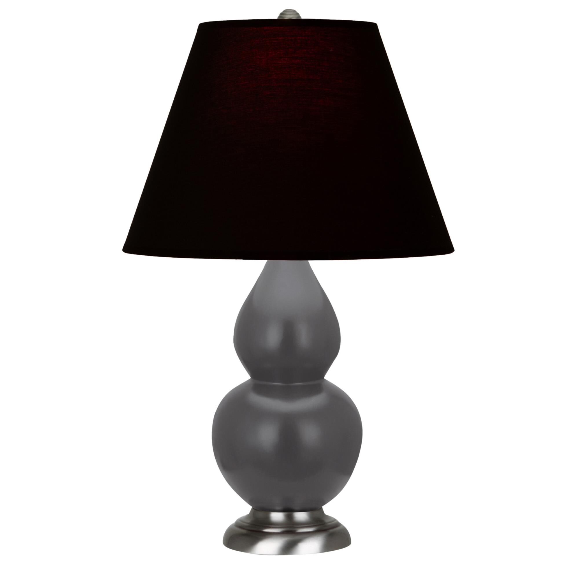 Shown in Matte Ash finish and Ink Black with Rose Red Lining Fabric shade and Antique Silver accent
