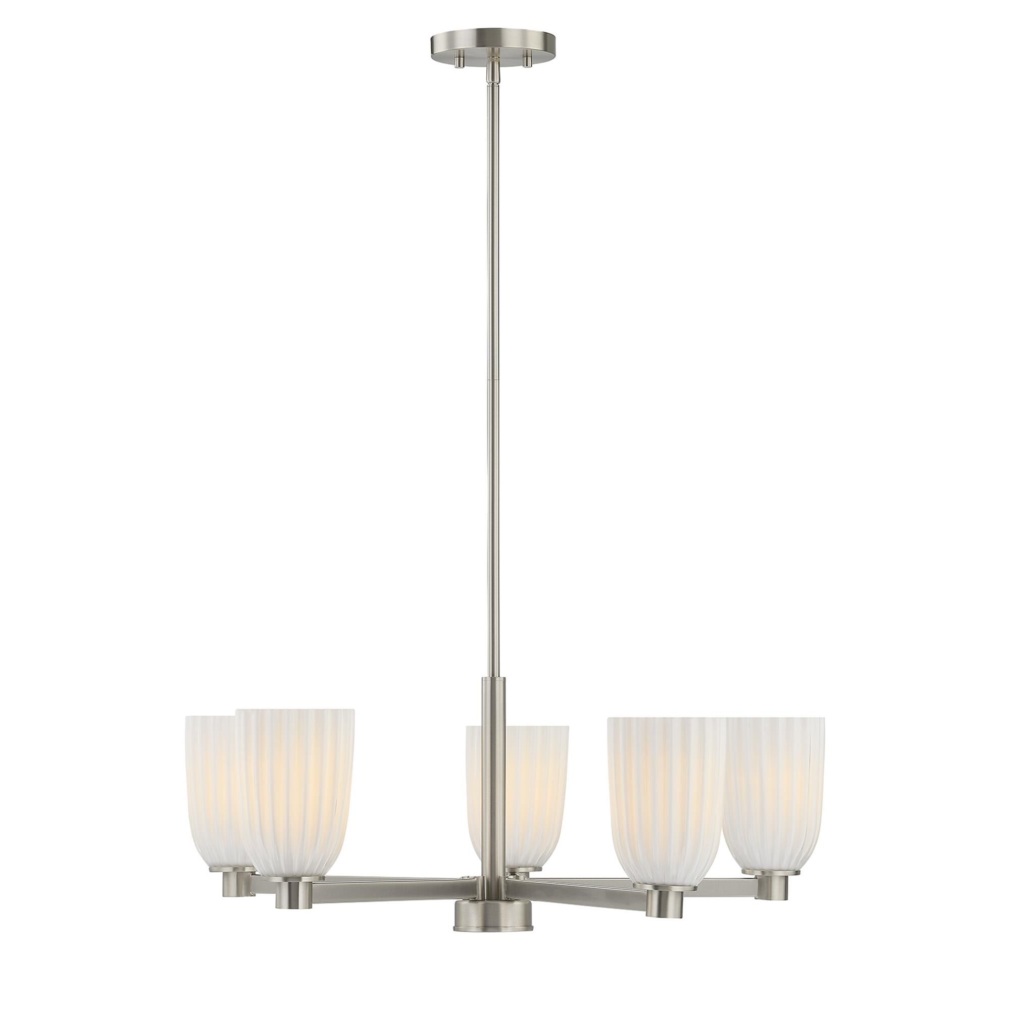 Shown in Satin Nickel finish and White Opal Ribbed glass