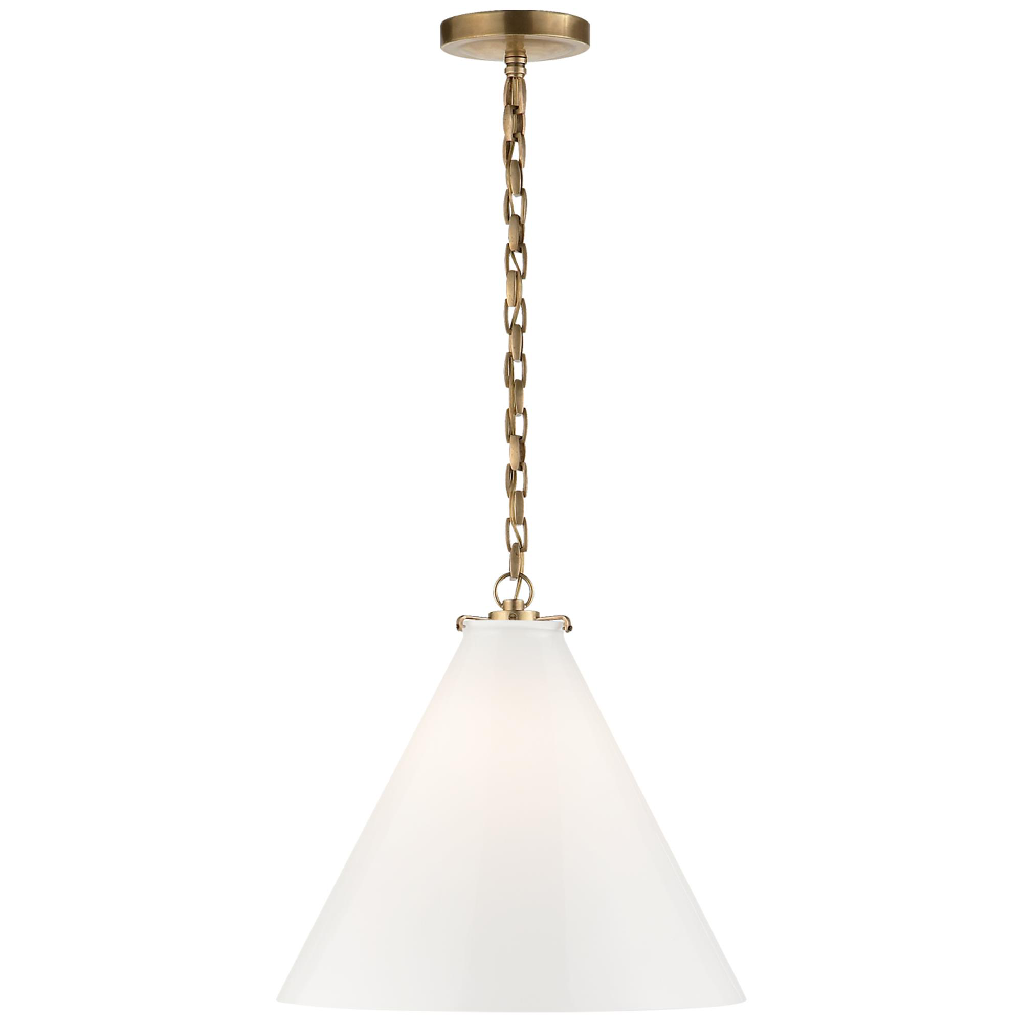 Shown in Hand-Rubbed Antique Brass finish and White glass
