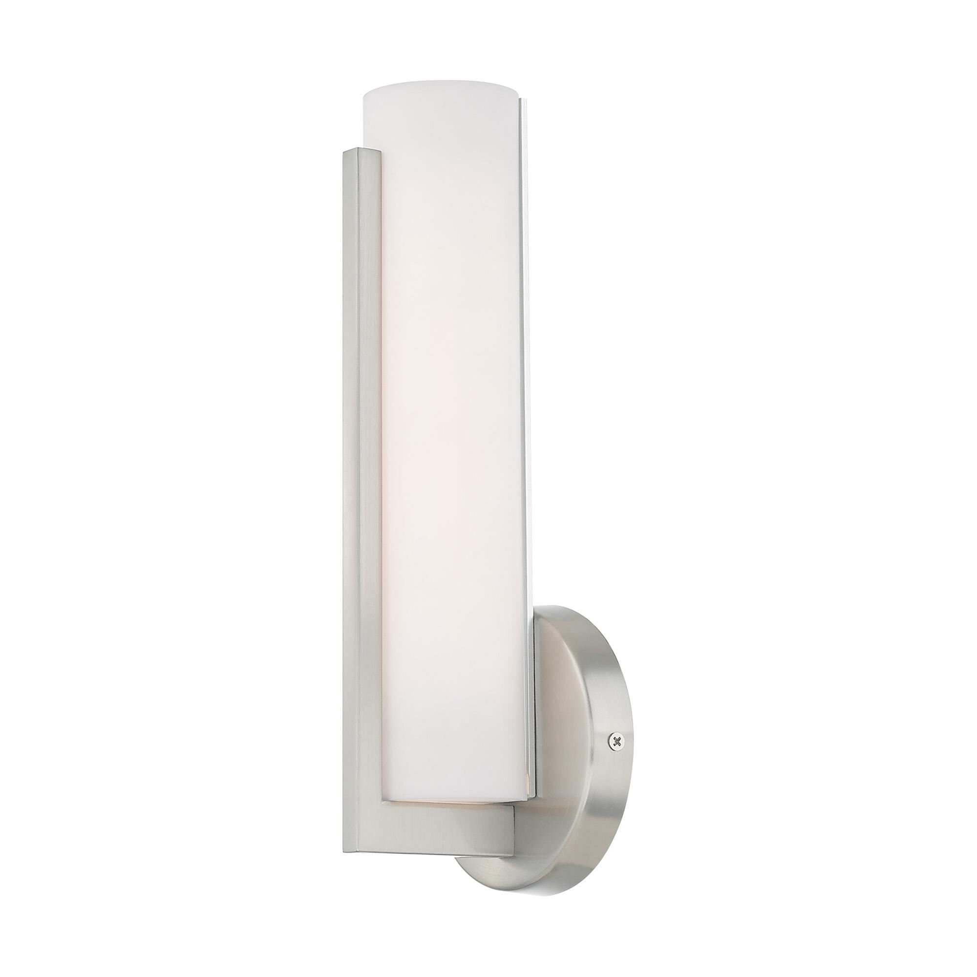 Shown in Brushed Nickel finish and Satin White Acrylic shade