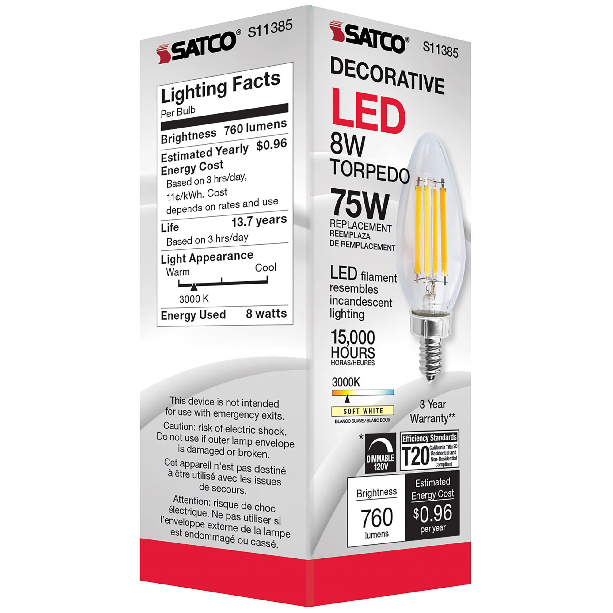 Dimmable 8 Watt 3000K C11 LED Light Bulb by Satco