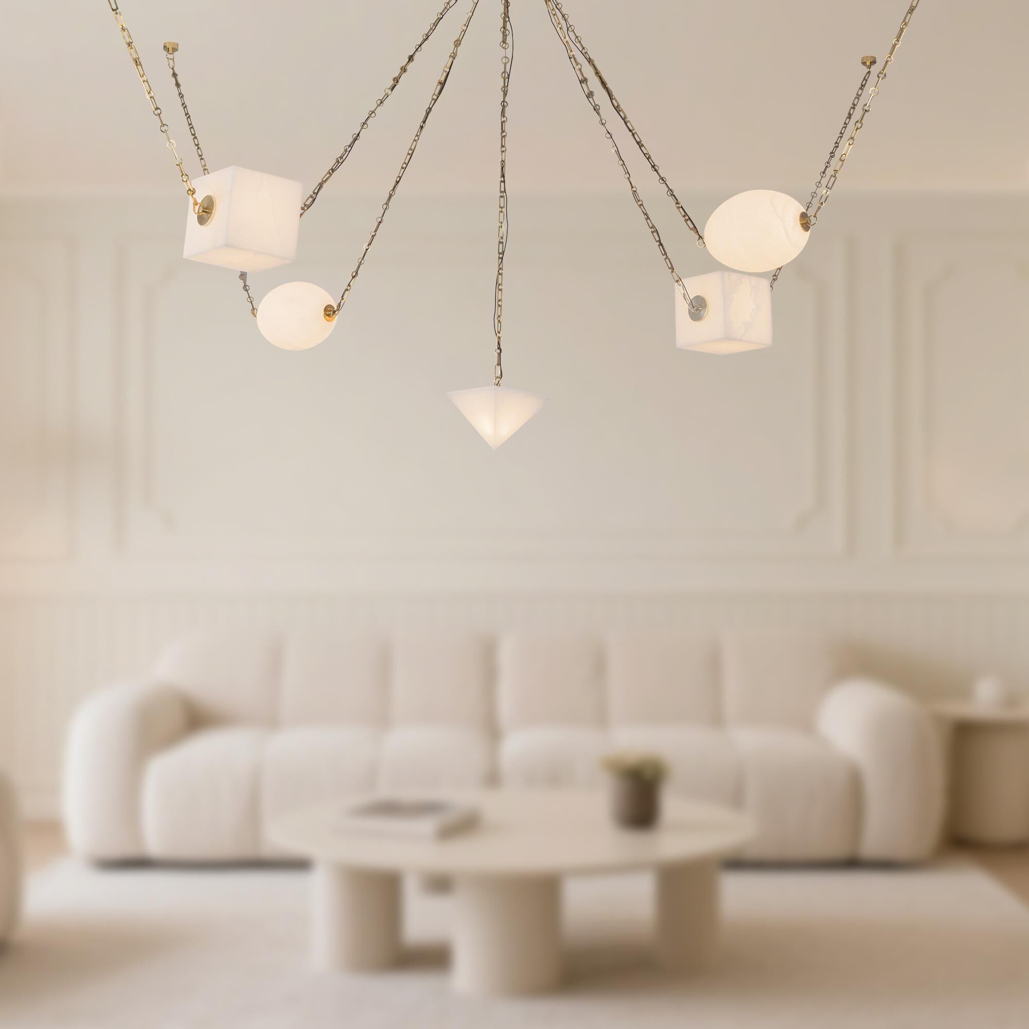 Shown in Patina Brass finish and Alabaster glass