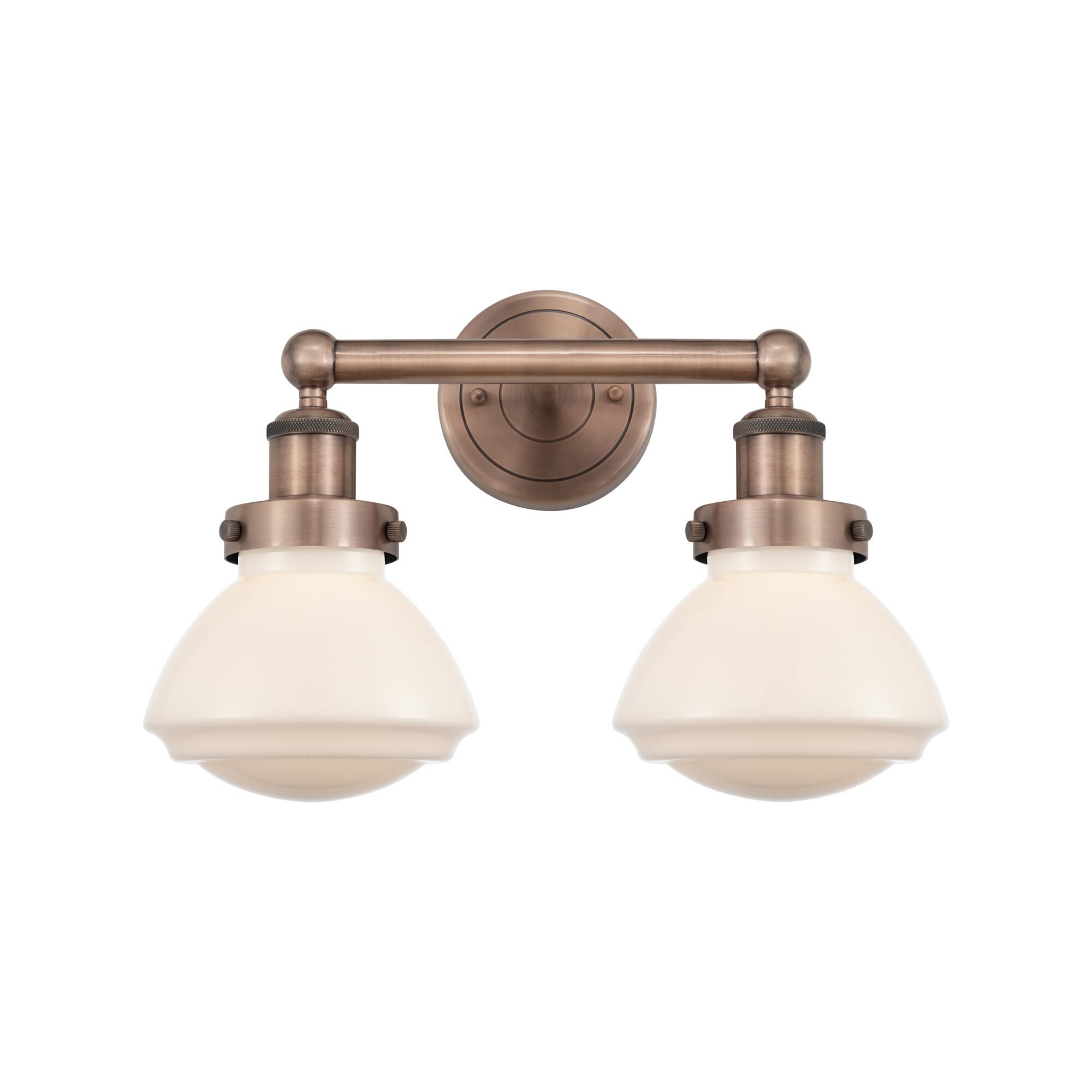 Shown in Antique Copper finish and Matte White glass