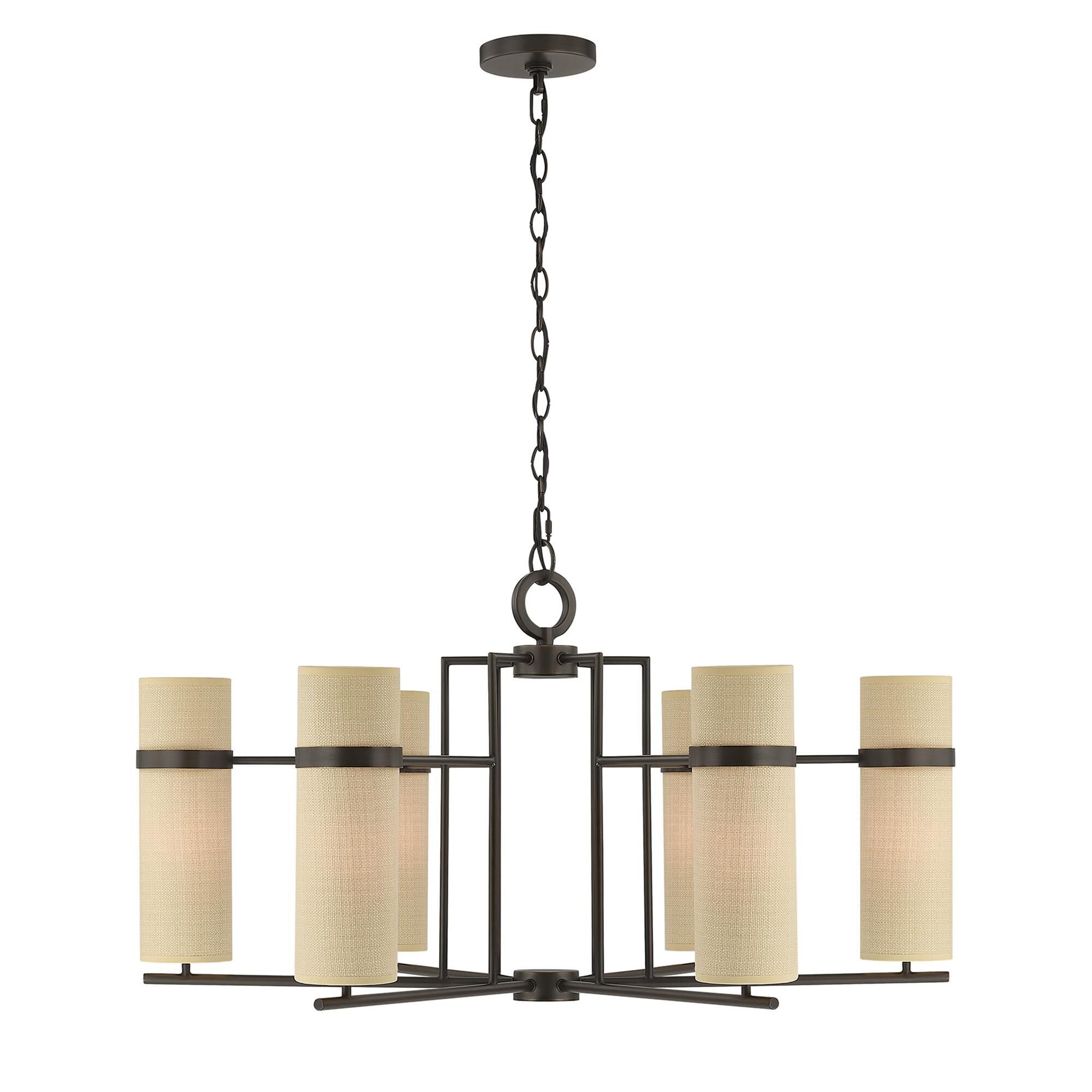 Shown in Mediterranean Bronze finish and Beige Fabric shade