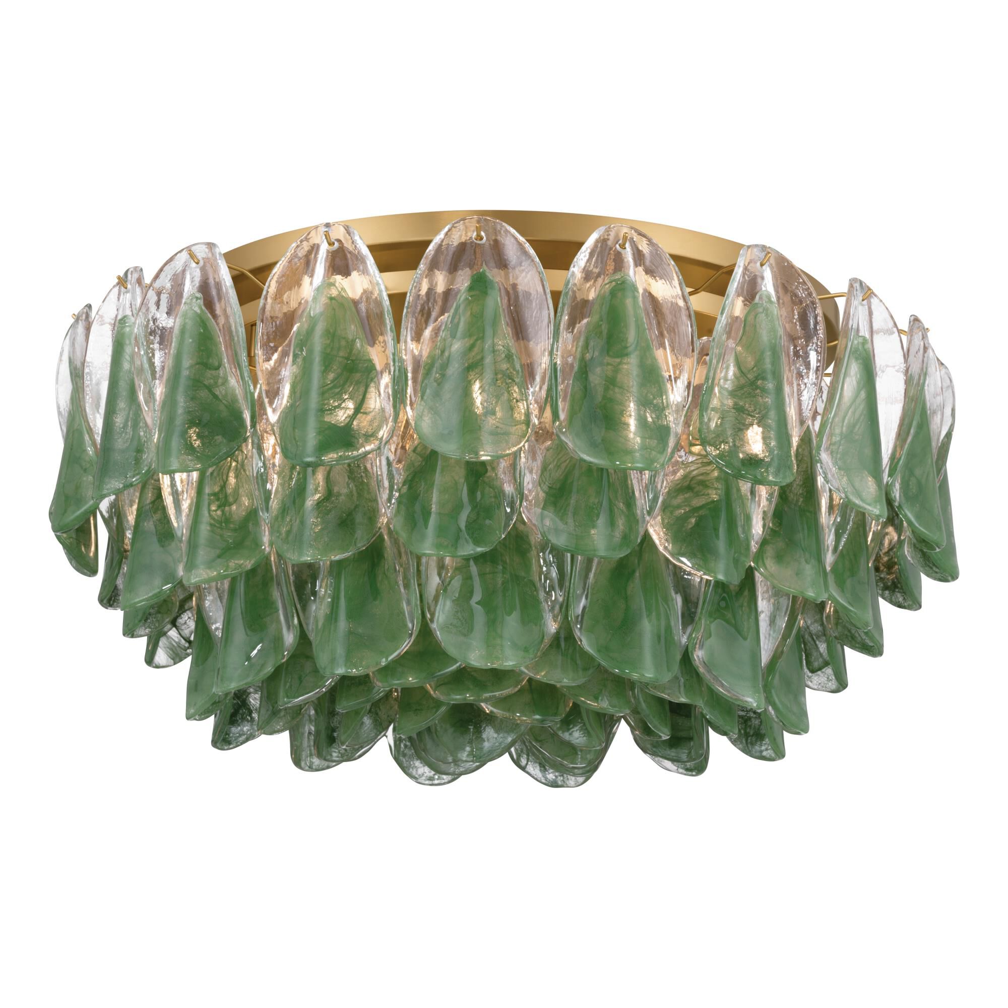 Shown in Legacy Brass finish and Green and Clear Hand-Formed glass
