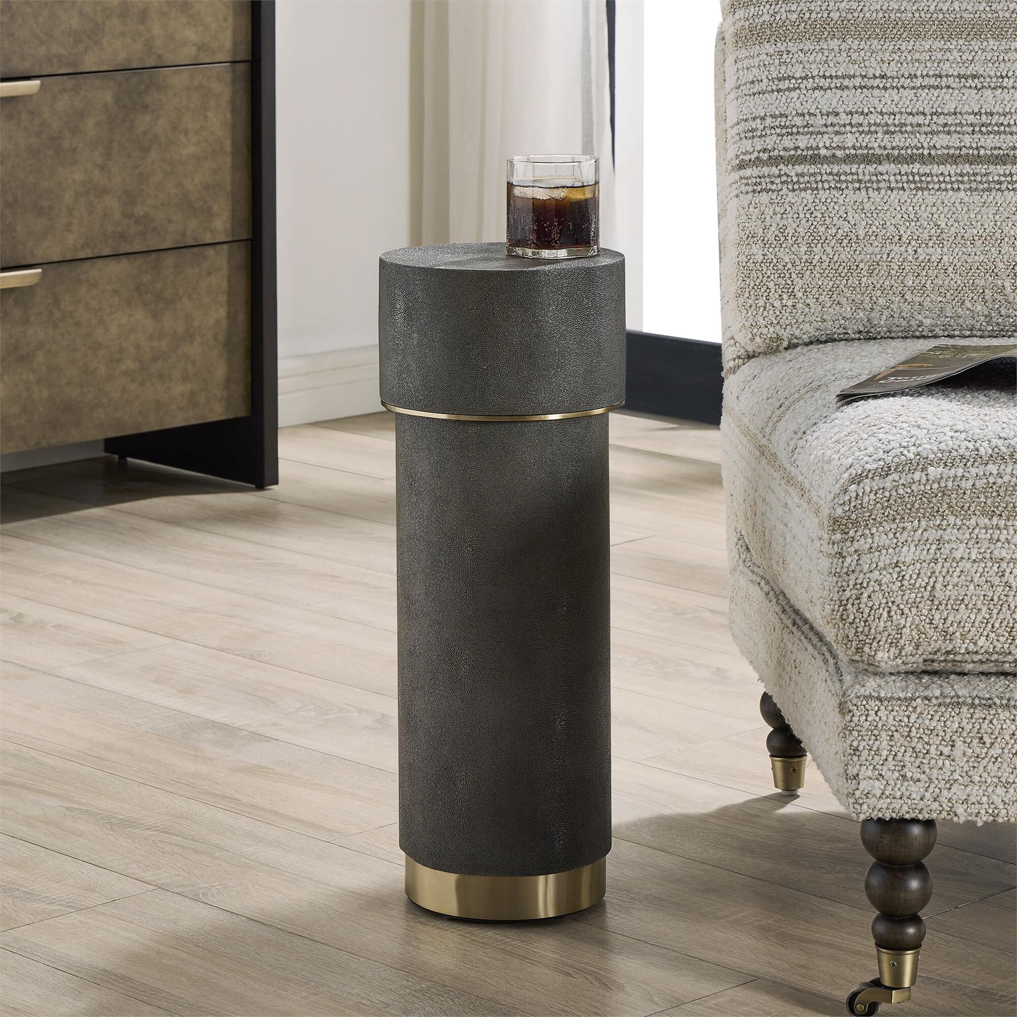 Shown in Brass, Gray finish