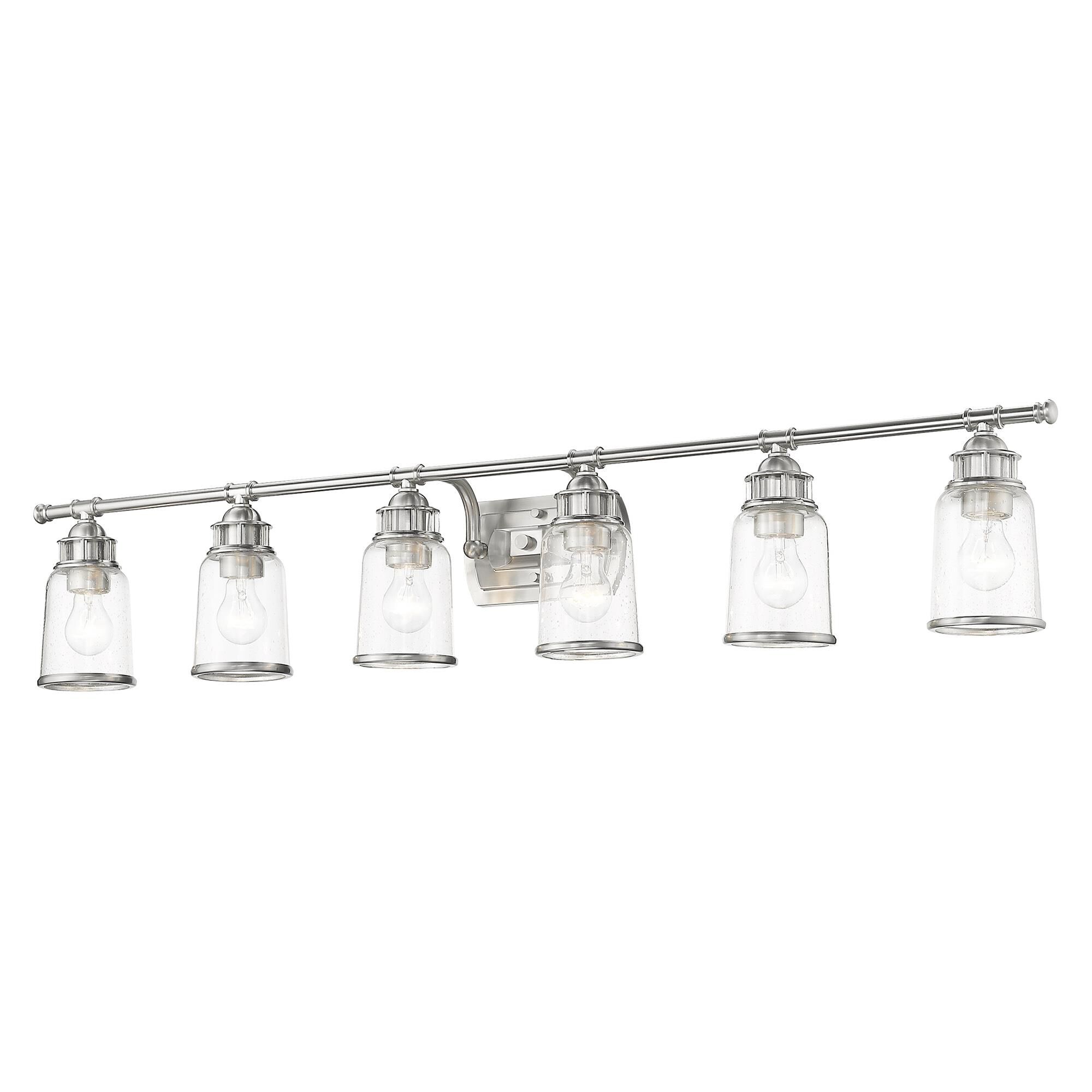 Shown in Brushed Nickel finish and Hand Blown Clear Seeded glass