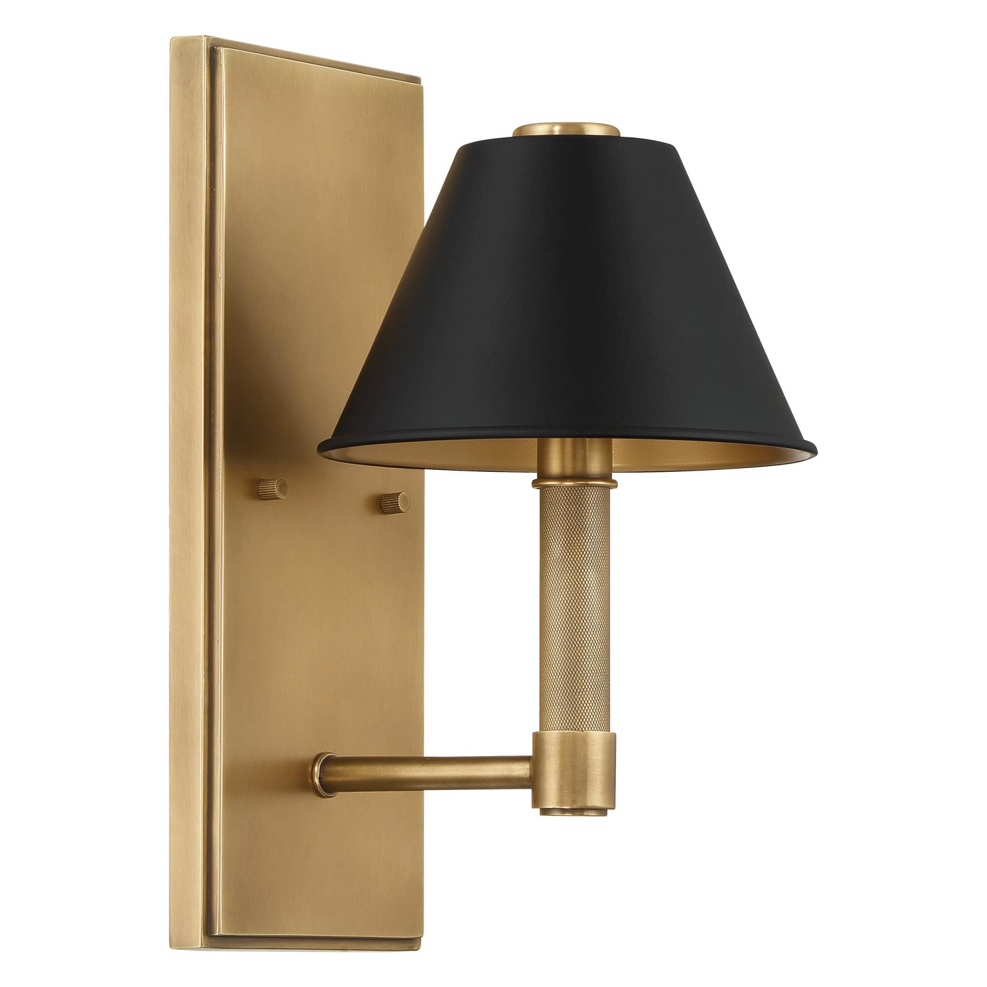 Shown in Natural Brass finish and Matte Black, Gold shade