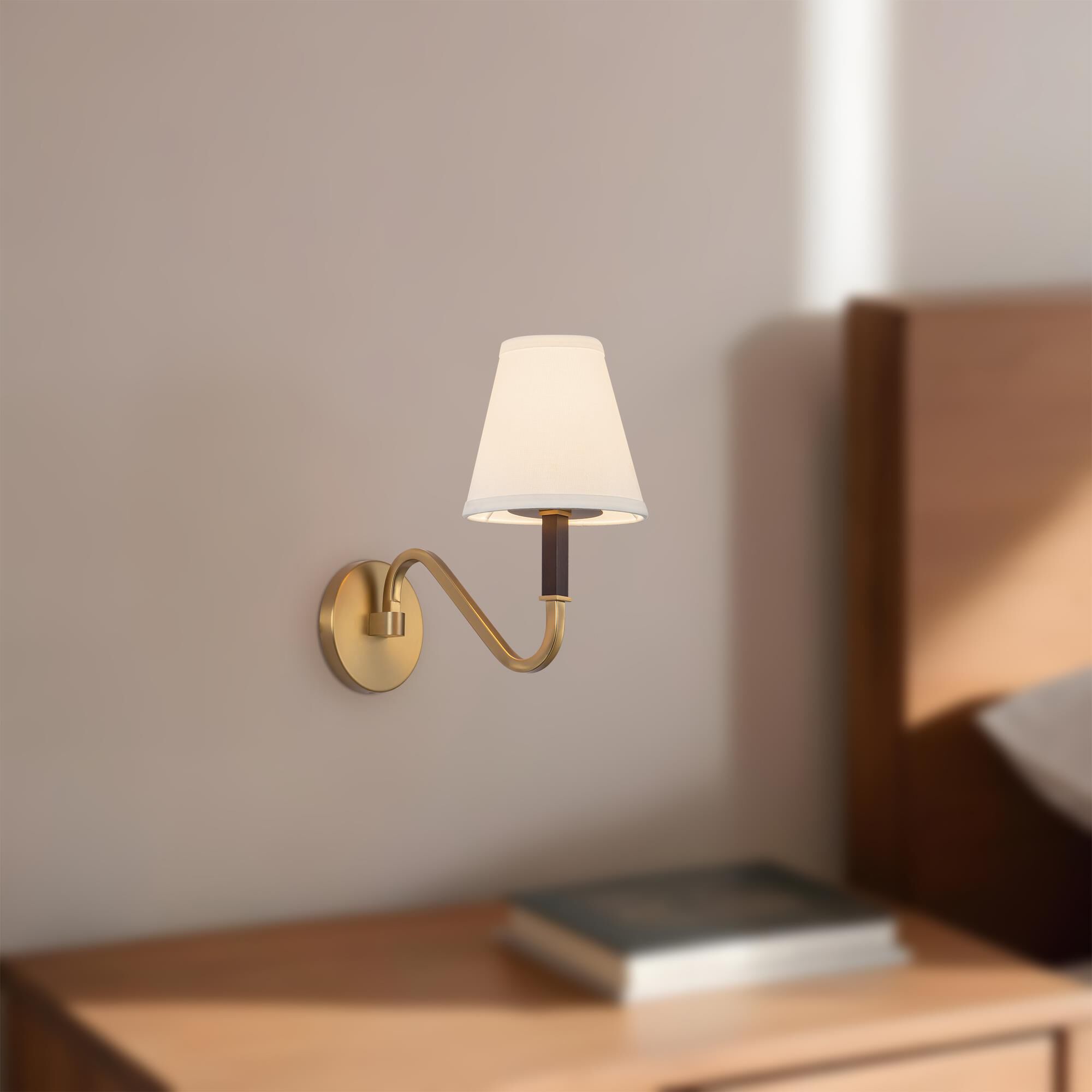 Shown in Brushed Gold finish and White Linen shade