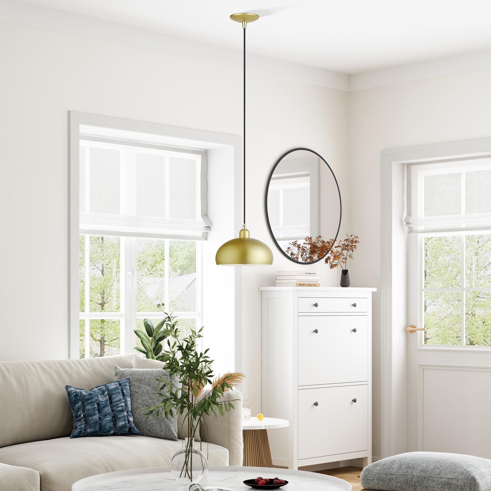 Shown in Soft Gold with Polished Brass Accents finish and Soft Gold Steel with Shiny White Inside shade