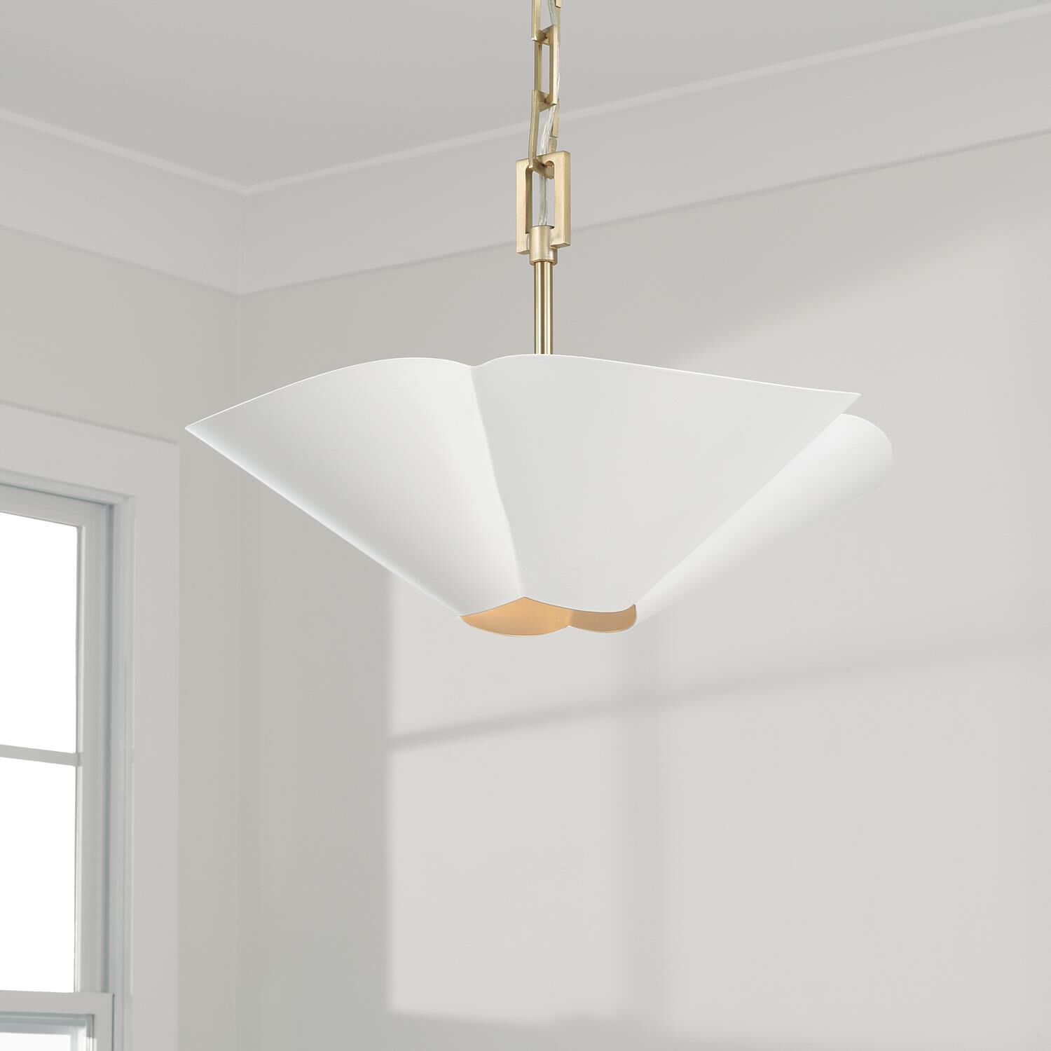 Shown in Matte Brass And White finish and White Metal  With Painted Matte Brass Interior shade